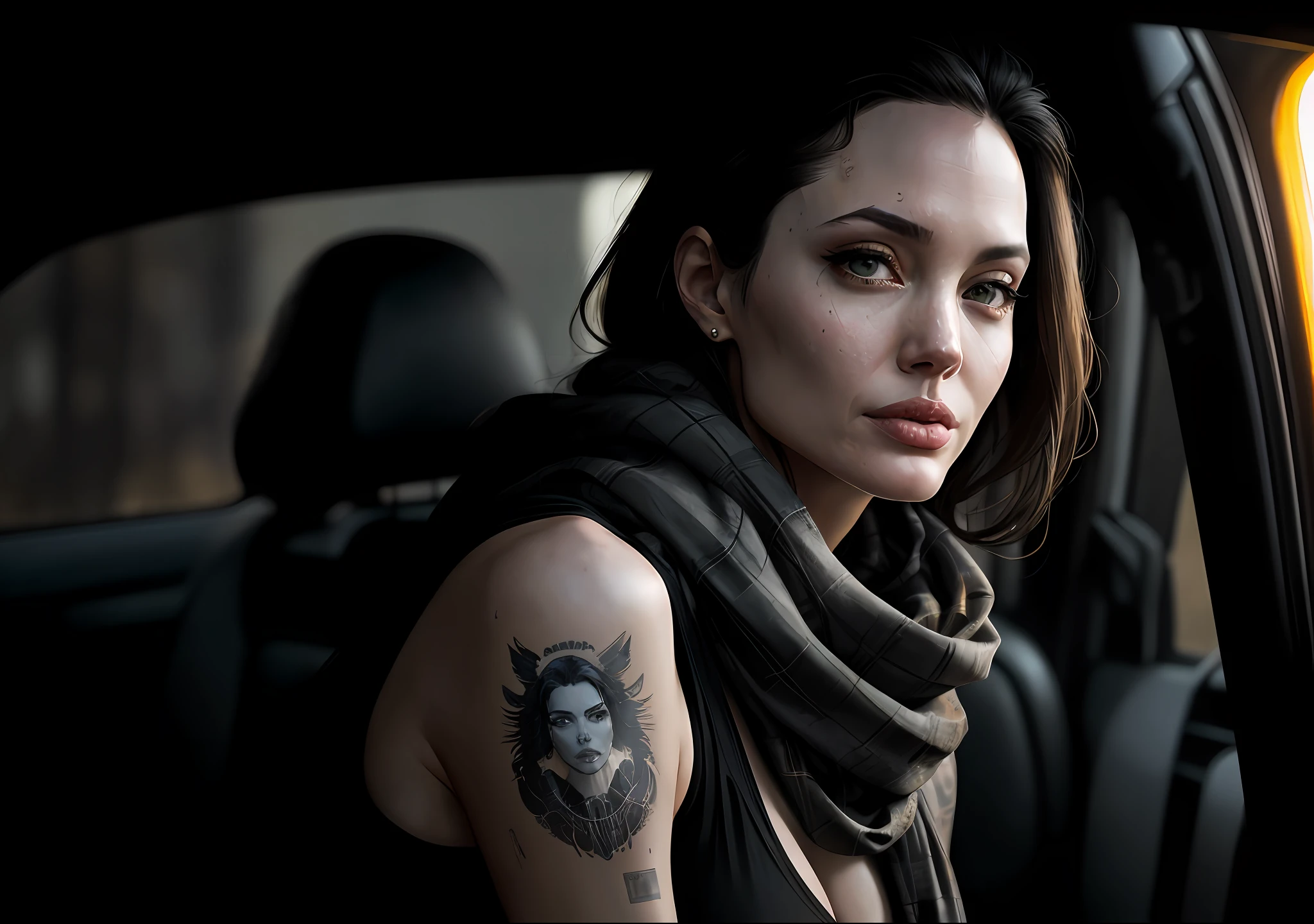 Angelina Jolie Dark photo: With body covered, driving old car, realistic epic, halo portrait, blue eyes, plaid scarf, white hair by Atey Ghailan, by Greg Rutkowski, by Greg Tocchini, by James Gilleard, by Joe Fenton, by Kaethe Butcher, yellow gradient, black, brown and magenta color scheme, grunge aesthetic!!! Graffiti brand wall background, art by Greg Rutkowski and Artgerm, soft cinematic light, Adobe Lightroom, Photo Lab, HDR, intricate, highly detailed, (depth of field: 1.4), faded, (neutral colors: 1.2), (HDR: 1.4), (soft colors:1.2), hyperdetailed, (Artstation:1.4), cinematic, warm lights, dramatic light, (intricate details:1.1), complex background, (Rutkowski:0.66), (blue and orange:0.4)