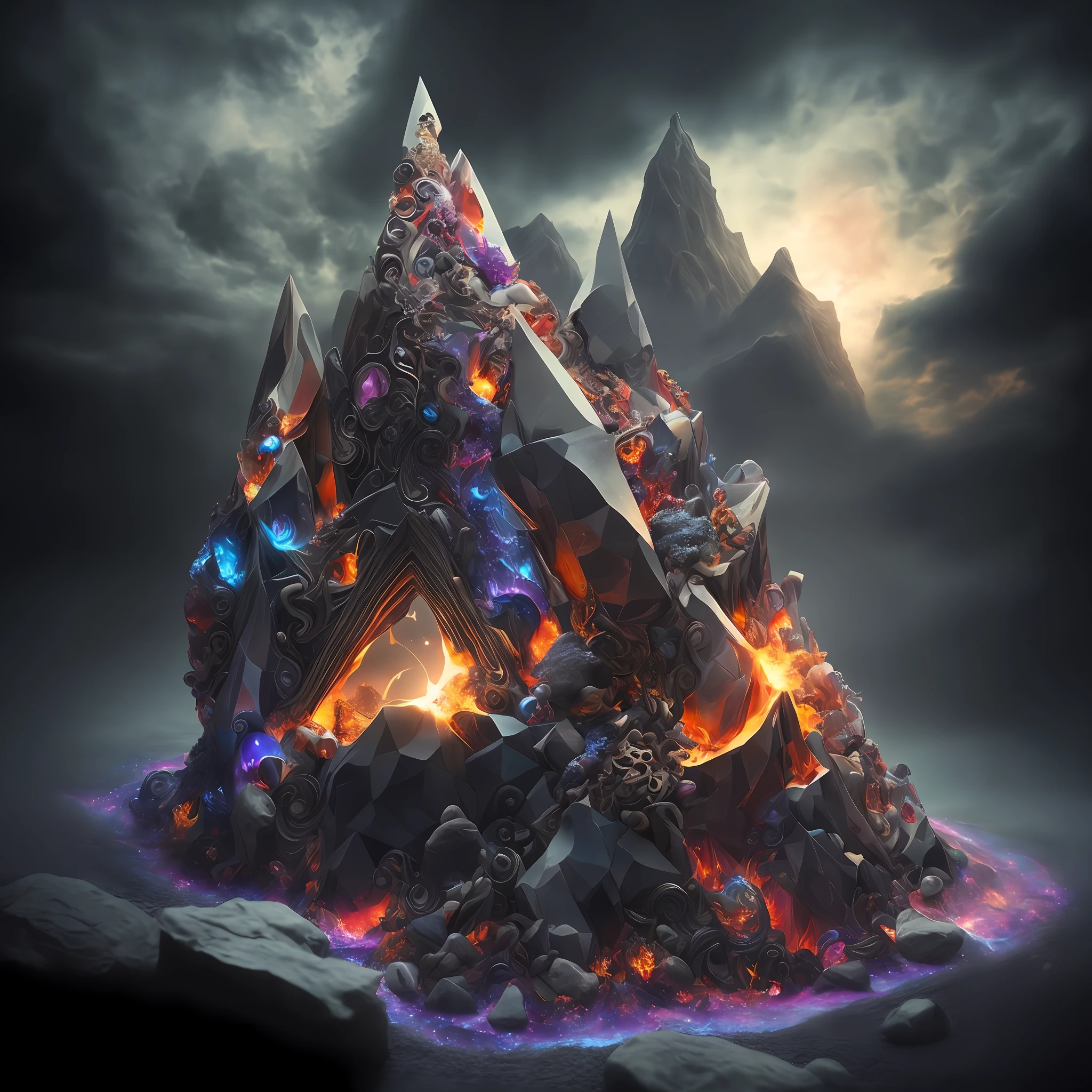 (((Masterpiece))), High quality, unique and creative, ultra-detailed, vibrant and colorful, an amazing creation from the depths of imagination,
focusing on a beautiful triangle made of gemstones in a random order with liquid lava spouting from its hollows,
incorporating dynamic angles, fluid movements, and a sense of wonder,
enhancing the beauty of the scene with volumetric light and a surreal atmosphere.