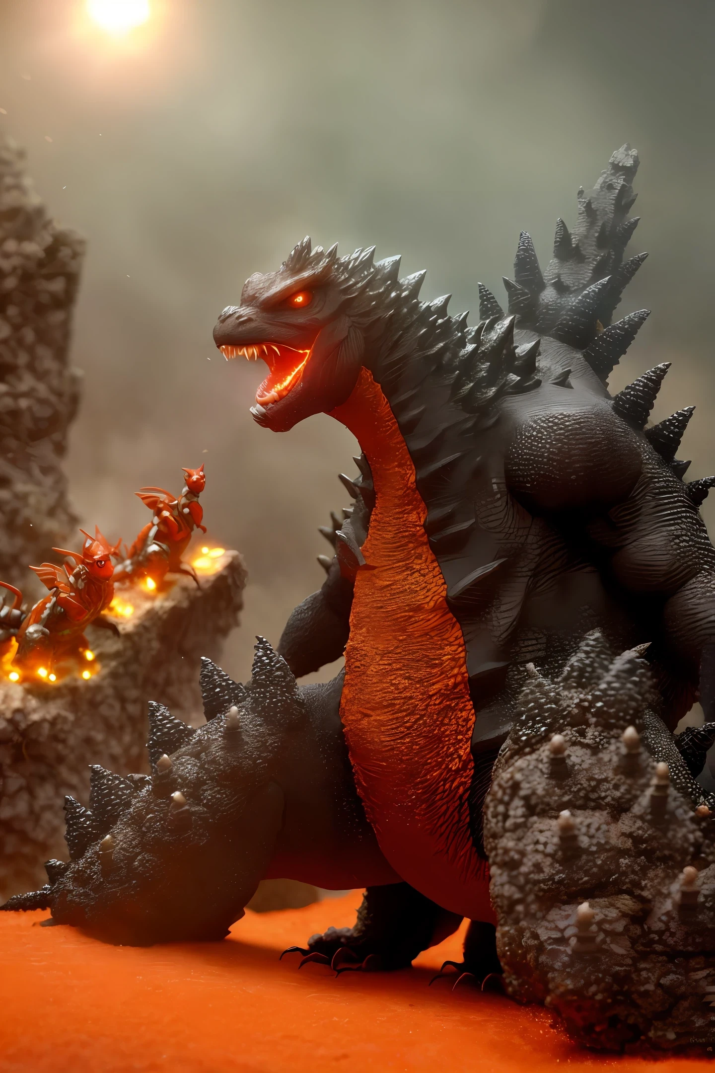 Godzilla shaped anthill with flaming eyes, lots of ants ready for war, hd, fantasy, upscale
