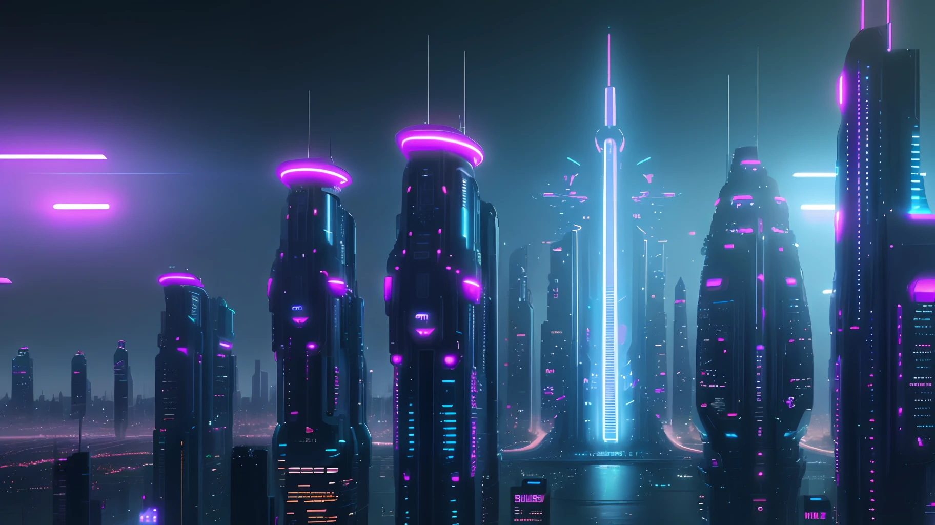 A big futurist city in cyberpunk style, neon, ultra wide view