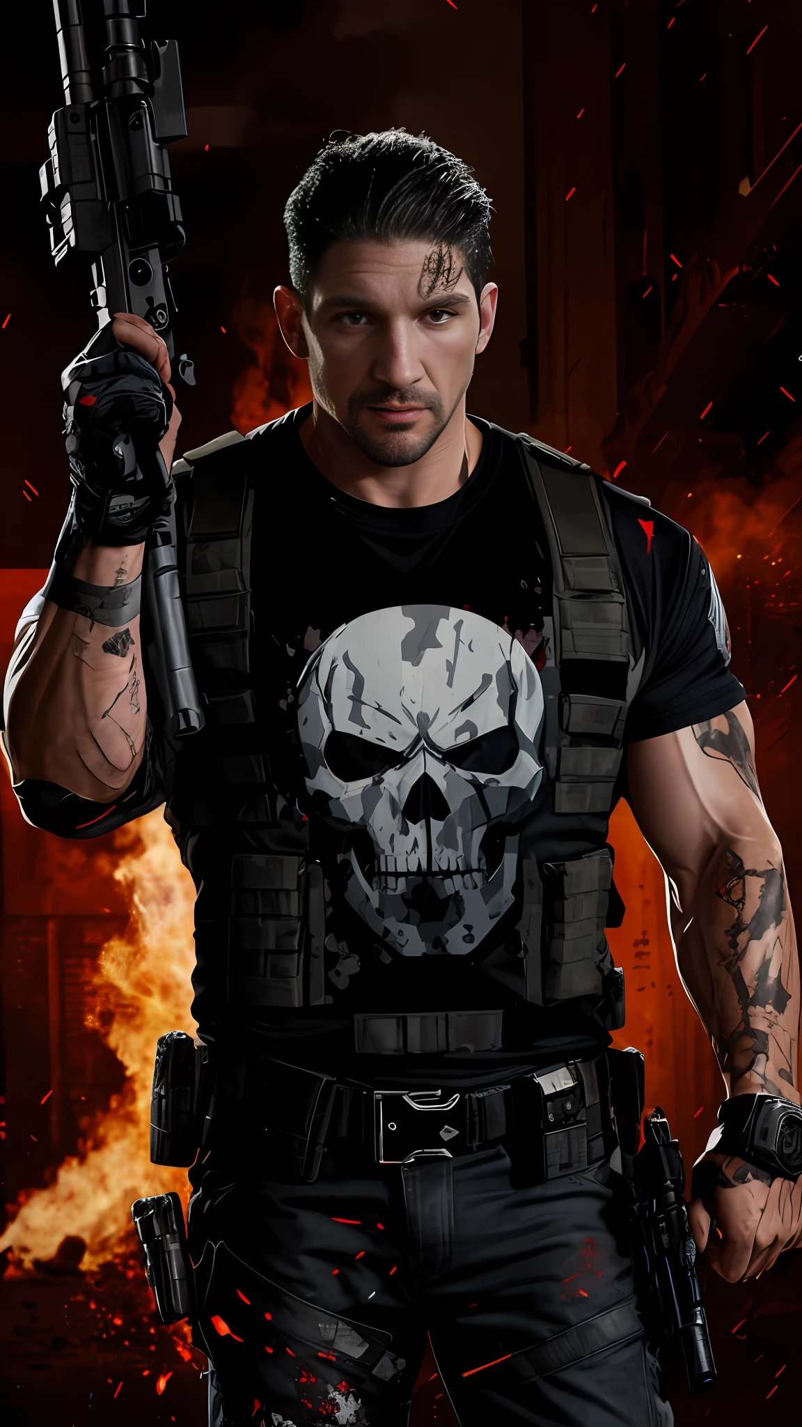 Jon Bernthal, vigilante, Marvel, military suit, skull on shirt, holding a pistol and machine gun, blood on clothing.