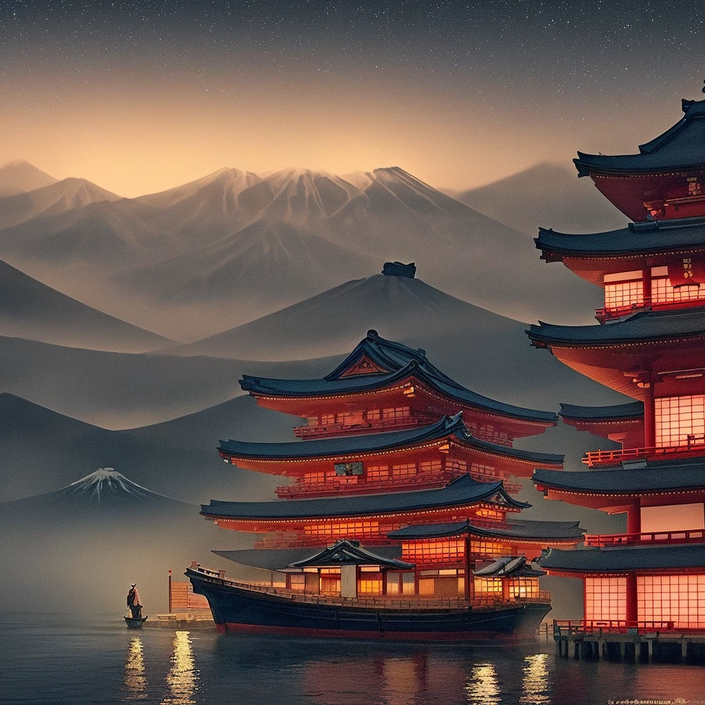 ((Japanese culture)|(Japan):1.2), (medieval)|(ancient)|(old-fashioned:1.1) style, (grainy)|(gritty:1.2), ((1person)|(one person)|(human):1.3) on a (boat)|(ship),(night time)|(night),(water:0.9), (high detail)|(ultra-detailed:1.2), (best quality:1.1)|((masterpiece)|(best illustration:1.1)), and (beautiful)|(gorgeous)|(stunning)|(brilliant:1.2) image.