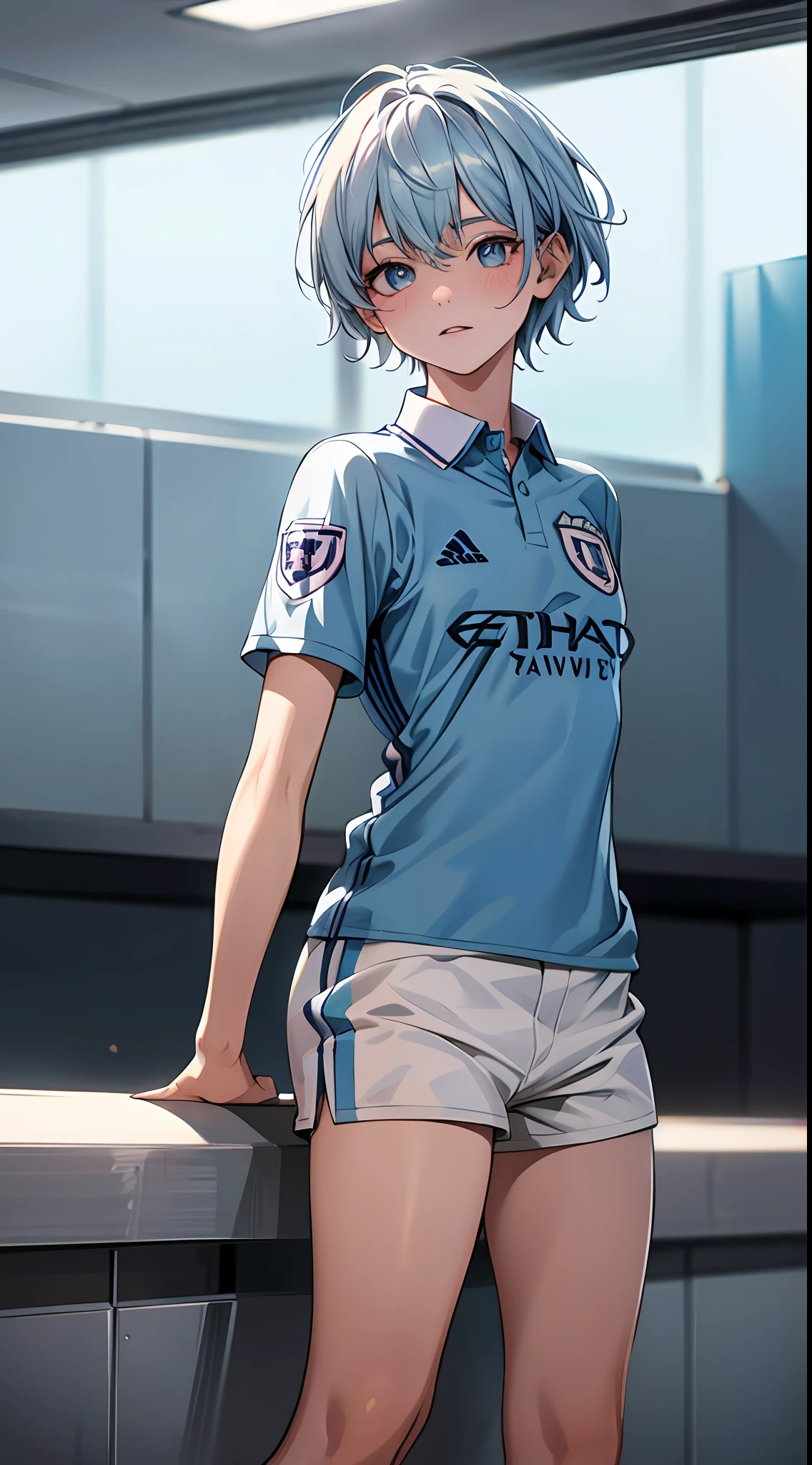 (Manchester City, soccer uniform, very light blue shirt and socks, white short pants:1.2), full body, masterpiece, best quality, raw photo, photorealistic, incredibly absurdres, beautiful girl, cute, short hair, depth of field, highres, ultra-detailed, finely detail, extremely detailed, extremely detailed eyes and face, sharp pupils, realistic pupils, sharp focus, cinematic lighting