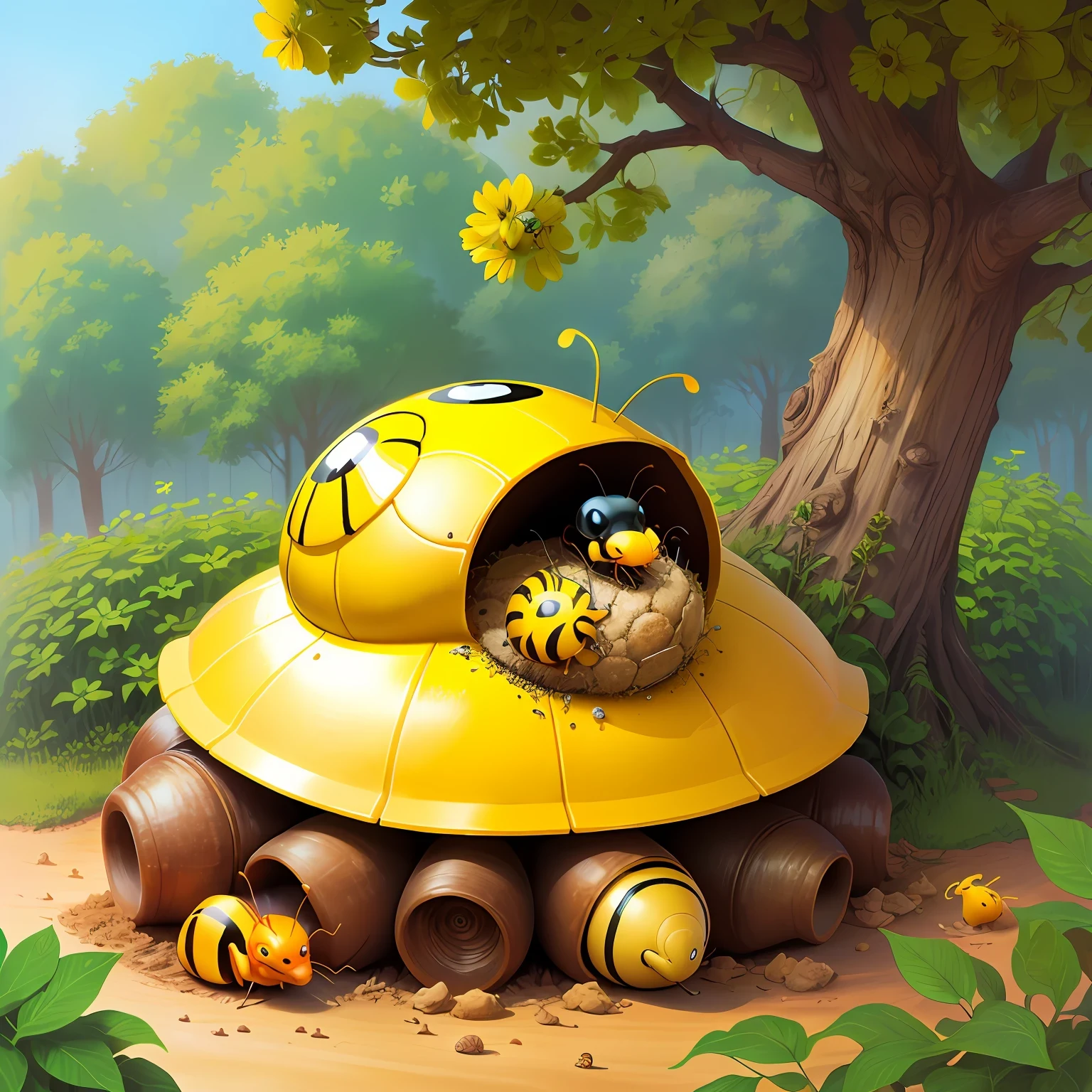 Ant nest on a yellow snail in comic style
