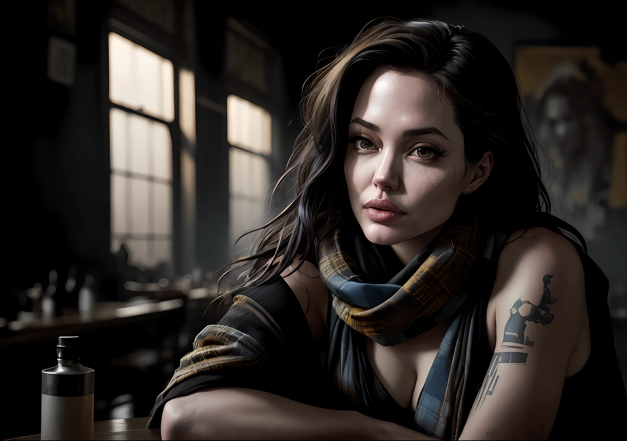 Angelina Jolie Dark photo: With the body covered, sitting at an old table, realistic epic, portrait of Halo, blue eyes, plaid scarf, white hair of Atey Ghailan, of Greg Rutkowski, of Greg Tocchini, of James Gilleard, of Joe Fenton, of Kaethe Butcher, yellow gradient, black, brown and magenta color scheme, grunge aesthetic!!! Graffiti brand wall background, art by Greg Rutkowski and Artgerm, soft cinematic light, Adobe Lightroom, Photo Lab, HDR, intricate, highly detailed, (depth of field: 1.4), faded, (neutral colors: 1.2), (HDR: 1.4), (soft colors:1.2), hyperdetailed, (Artstation:1.4), cinematic, warm lights, dramatic light, (intricate details:1.1), complex background, (Rutkowski:0.66), (blue and orange:0.4)