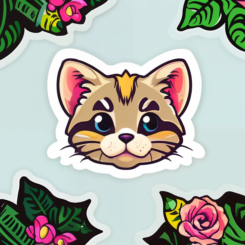 STICKER, A detailed illustration a print of vivid cute kitten head, fantasy flowers splash, vintage t-shirt design, in the style of Studio Ghibli, dynamic flora pastel tetradic colors, 3D vector art, cute and quirky, fantasy art, watercolor effect, bokeh, Adobe Illustrator, hand-drawn, digital painting, low-poly, soft lighting, bird's-eye view, isometric style, retro aesthetic, focused on the character, 4K resolution, photorealistic rendering, using Cinema 4D,