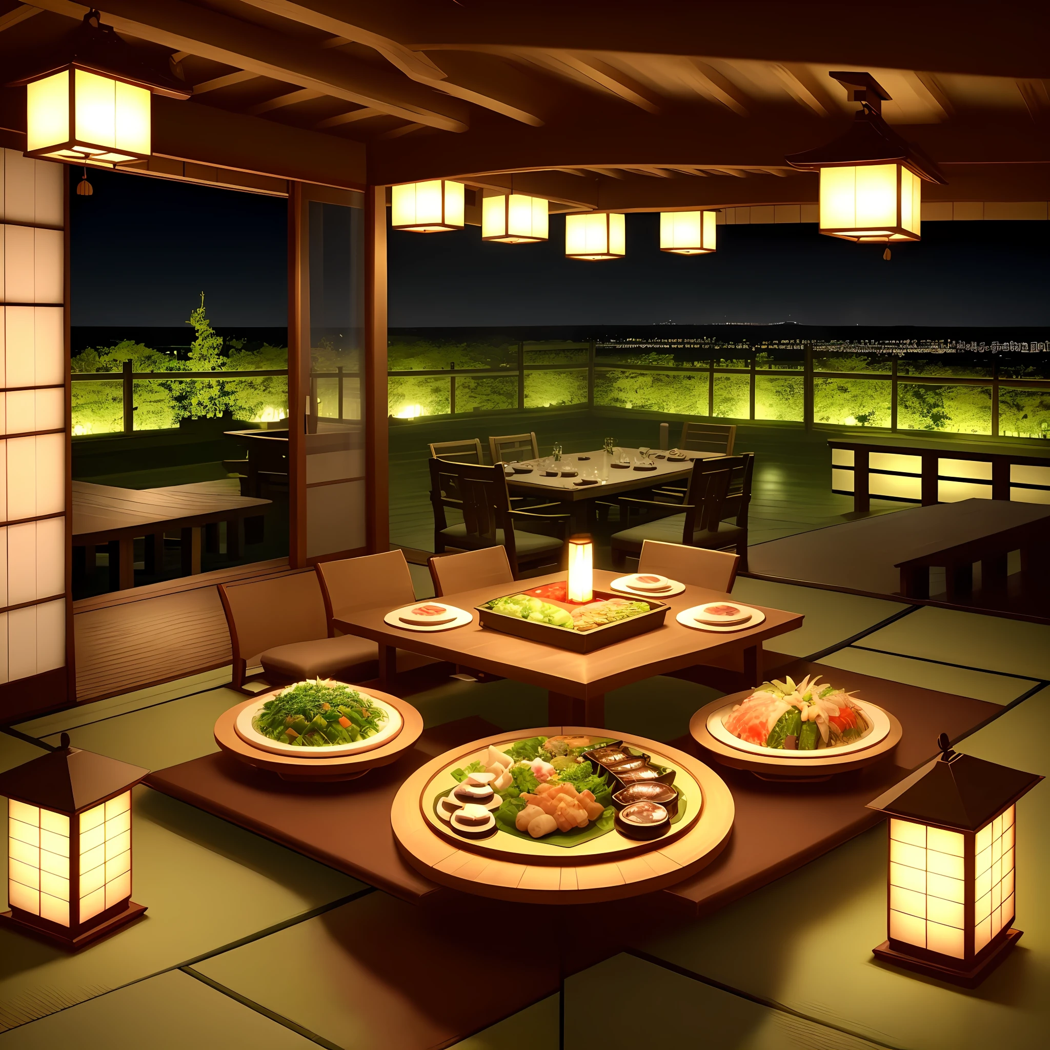 japanese foods on 1 long table, table full of food, empty chairs on sides with one big chair at the far end, realistic food, dark night sky, bright lighting, hanging green lanterns, one big room, view of sea