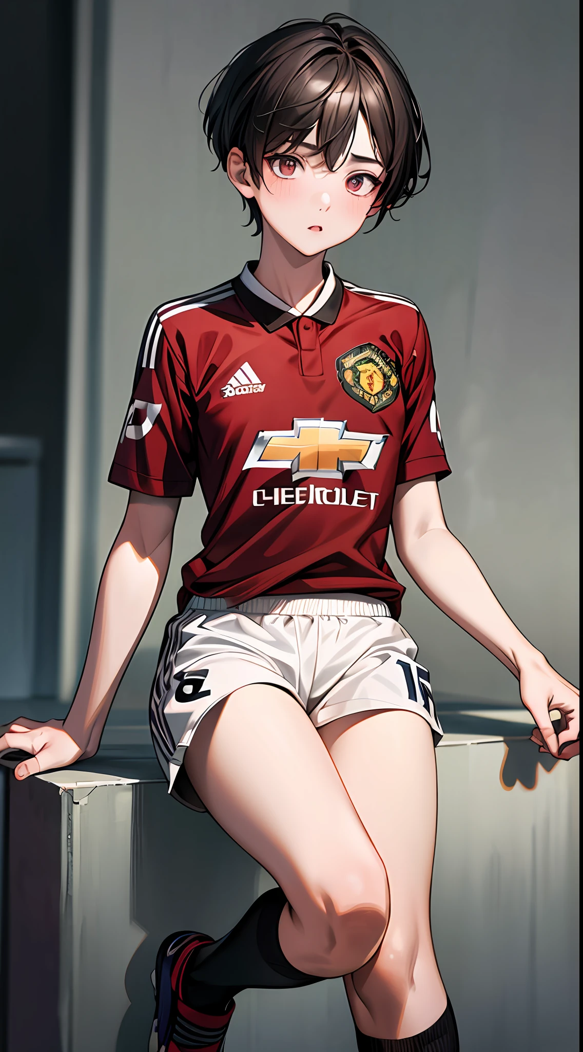 (Manchester United, soccer uniform,red shirt, black socks, white short pants:1.2), brown eyes, full body, thighs focus, masterpiece, best quality, raw photo, photorealistic, incredibly absurdres, beautiful girl, cute, short hair, depth of field, highres, ultra-detailed, finely detail, extremely detailed, extremely detailed eyes and face, sharp pupils, realistic pupils, sharp focus, cinematic lighting