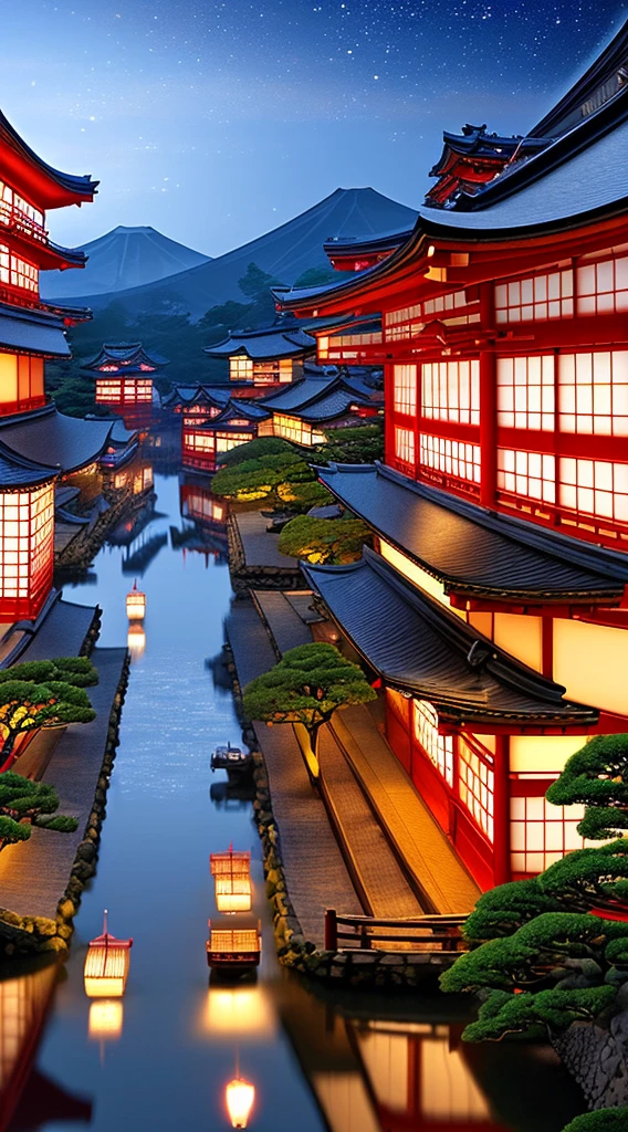 (((Japanese culture))),((medieval)),((old style)),(((high detail))),(((grainy image))),(((masterpiece))),(((best quality))),(((water))) and (((boats))) combined in a perfect harmony to create a mesmerizing and breathtaking wallpaper,nighttime