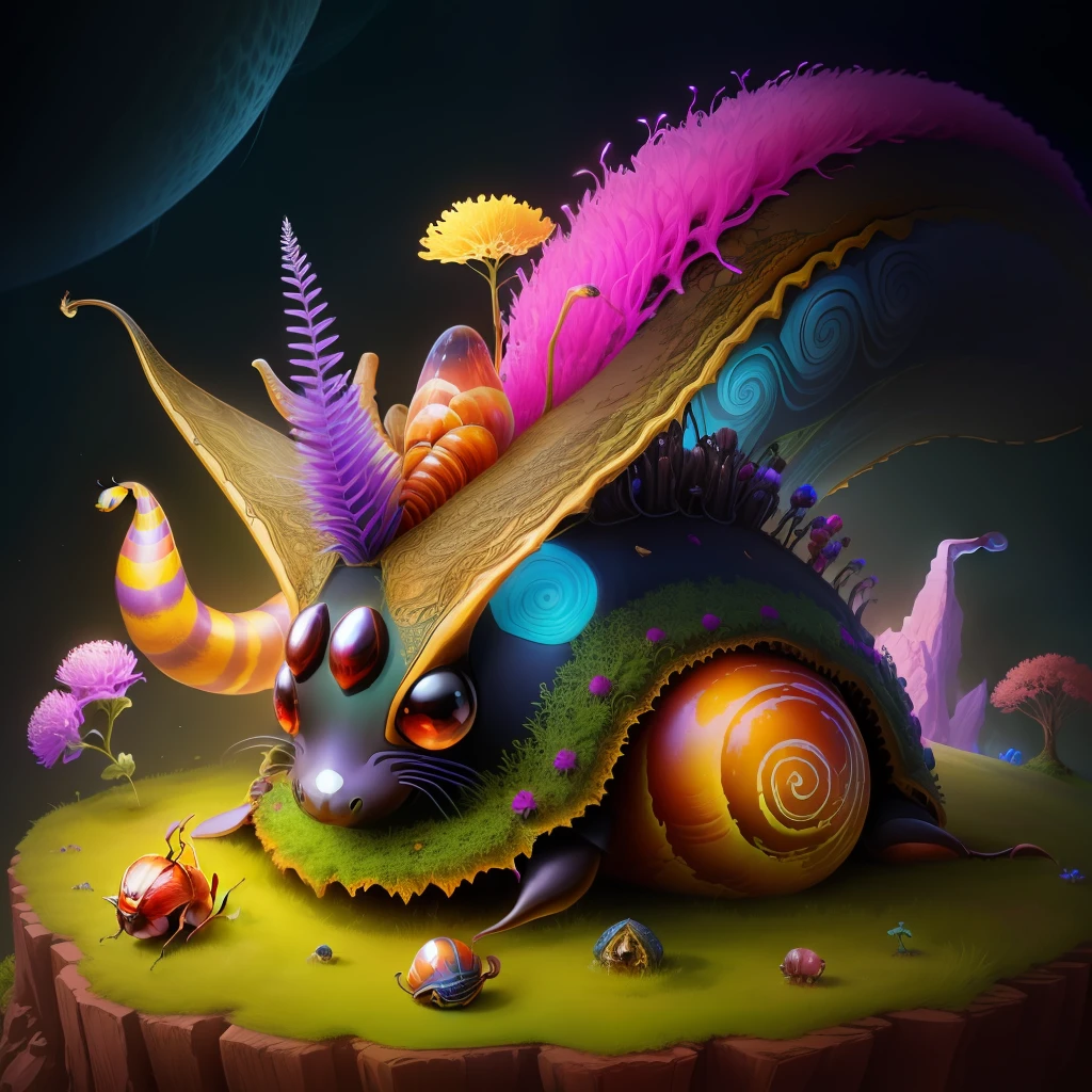 a psychedelic ant hill housing a snail with long very long horns, fantasy, hd, HDR 4k