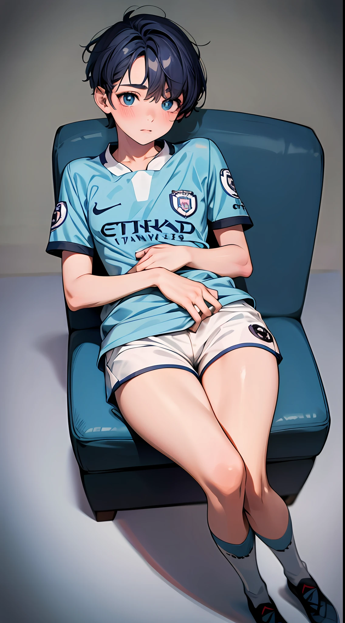 (Manchester City, soccer uniform, very light blue shirt and socks, white short pants:1.2), full body, masterpiece, best quality, raw photo, photorealistic, incredibly absurdres, beautiful girl, cute, short hair, depth of field, highres, ultra-detailed, finely detail, extremely detailed, extremely detailed eyes and face, sharp pupils, realistic pupils, sharp focus, cinematic lighting