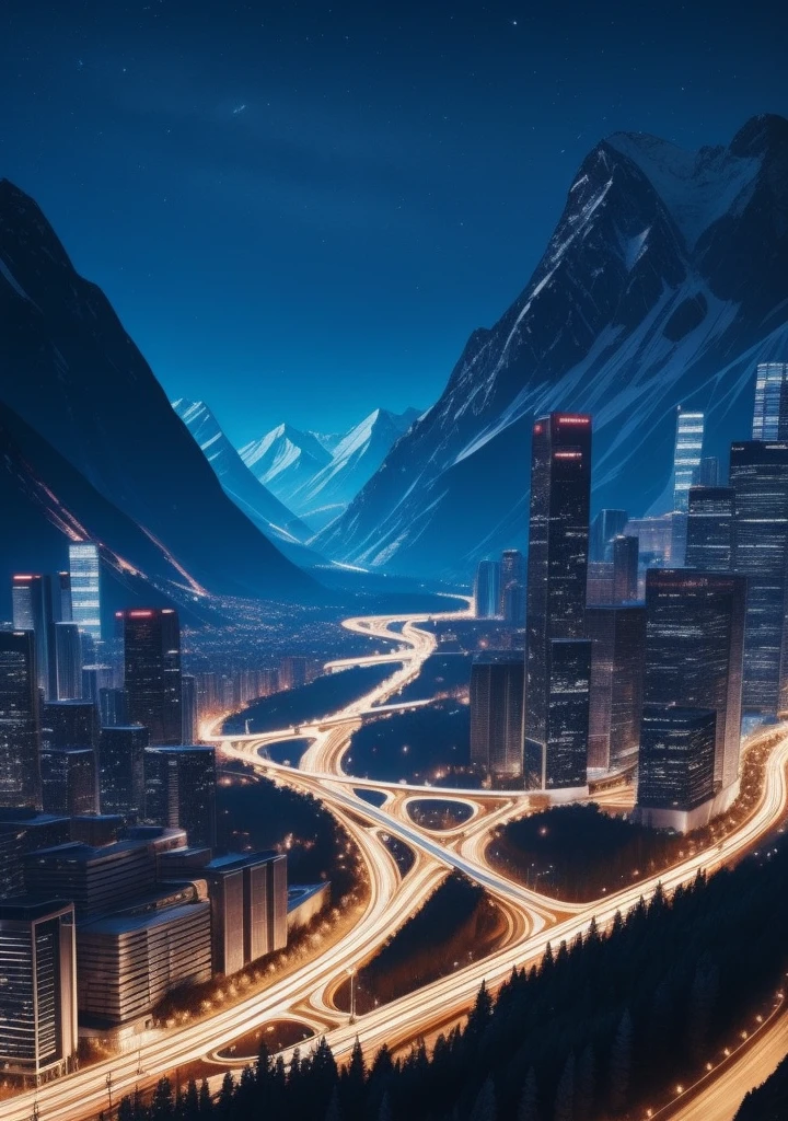 spaceship, mountain, river, night, city, cyberpunk,