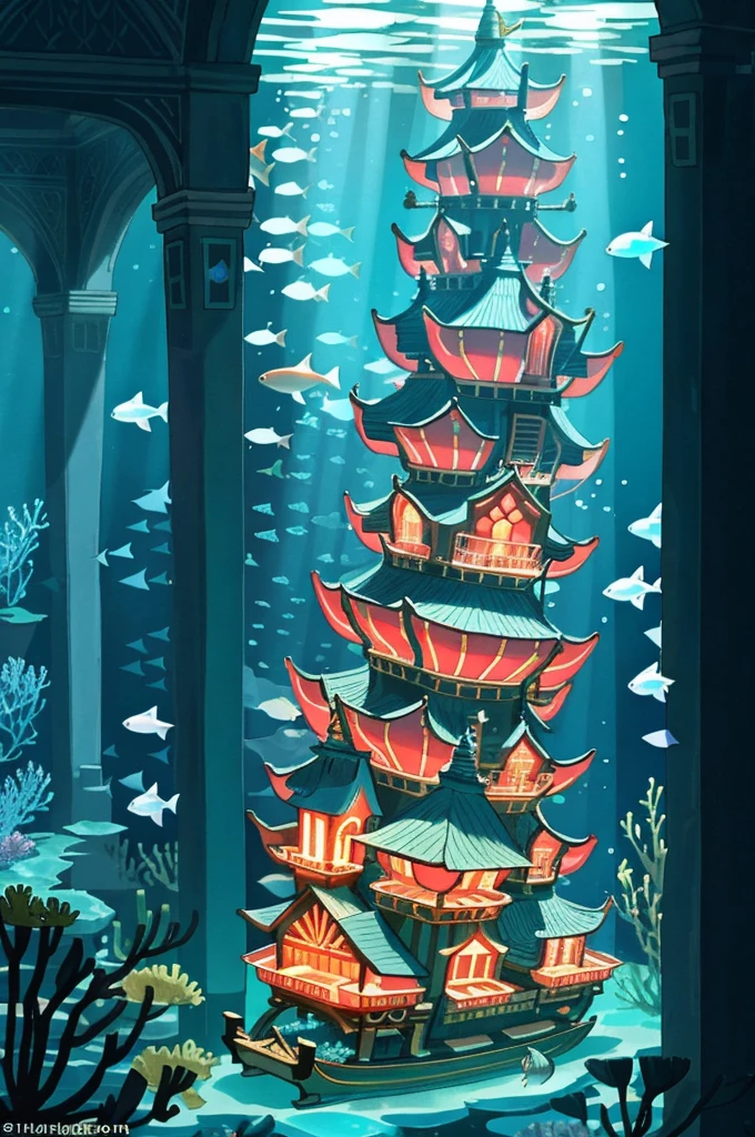 A living underwater city, illuminated by bioluminescent corals and aquatic plants, where fish of all kinds swim gracefully around. In the city center there is a huge, ornate shell throne adorned with pearls and shell jewellery, surrounded by colorful fish, carriages drawn by dolphins carrying dignitaries to the palace, giant sharks