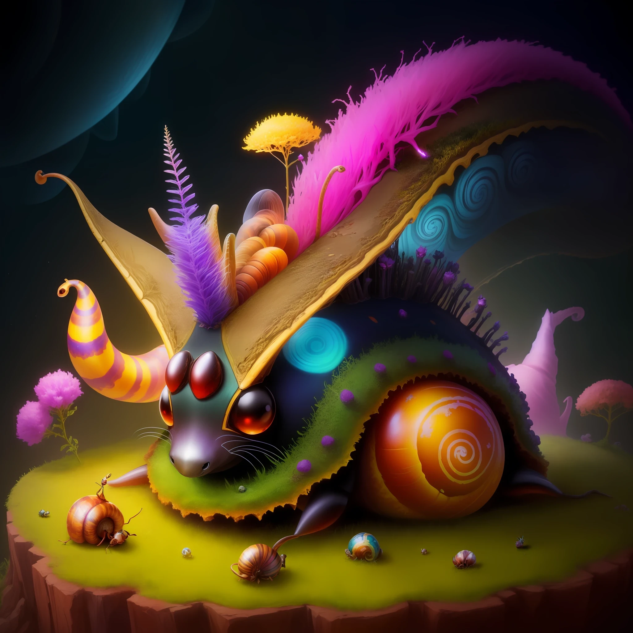 a psychedelic ant hill housing a snail with long very long horns, fantasy, hd, HDR 4k