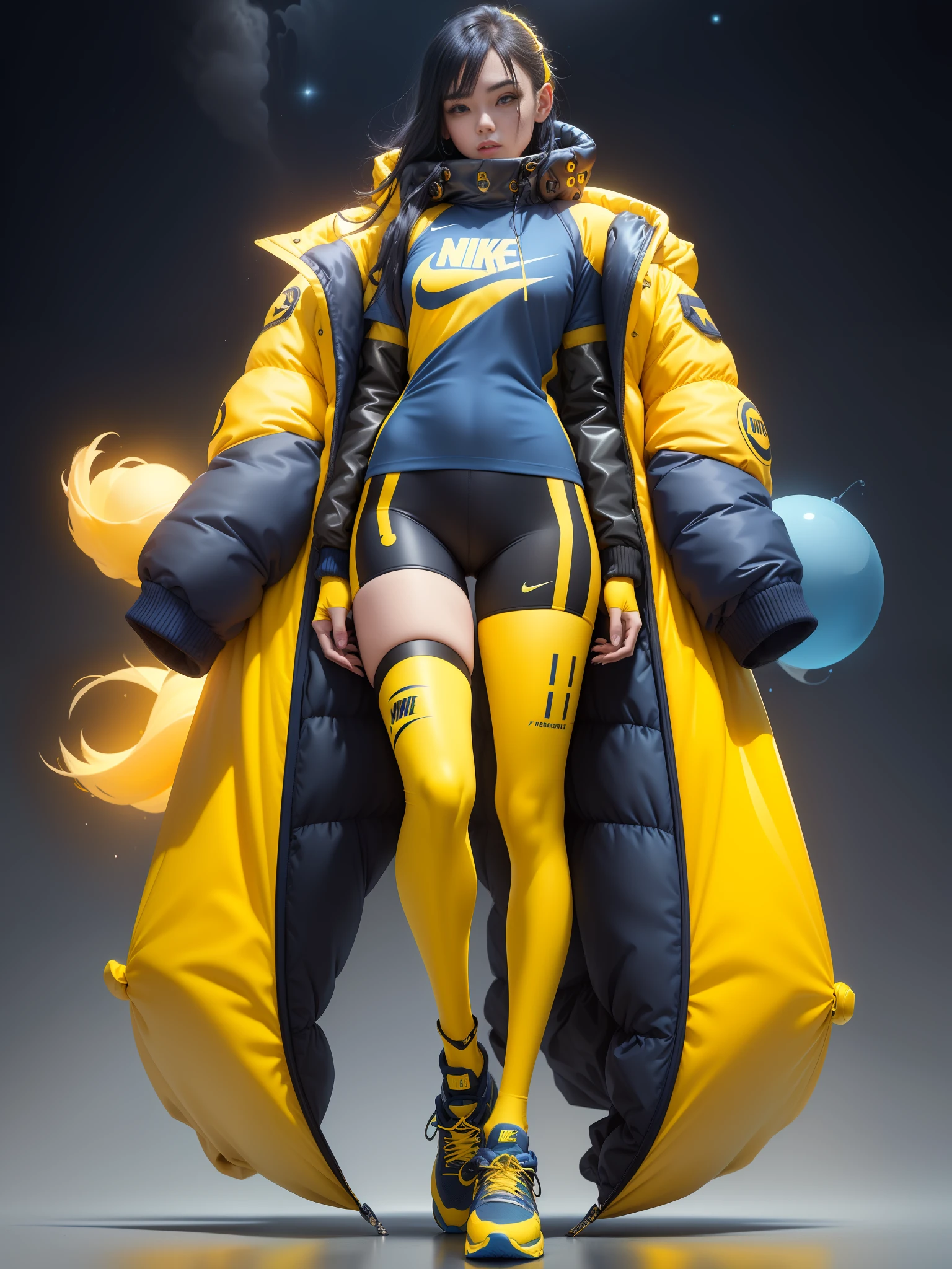 A stylish one-man design space background of winter down jacket full of bubbles and fluffy feeling Cyberpunk ((yellow sea blue: 1.3) + (fashion: 1.1) + (trendy: 1.2)), (nike logo), (corona rendering), ((space winter down jacket concept + concept art design): 1.3), (8K: 1.3), (2:3 aspect ratio + warm color Q2), (750 pixels), ((fashion elements) :( 1.1+ Yellow navy blue T-shirt blends with fashion elements)), (Dynamics: 5)