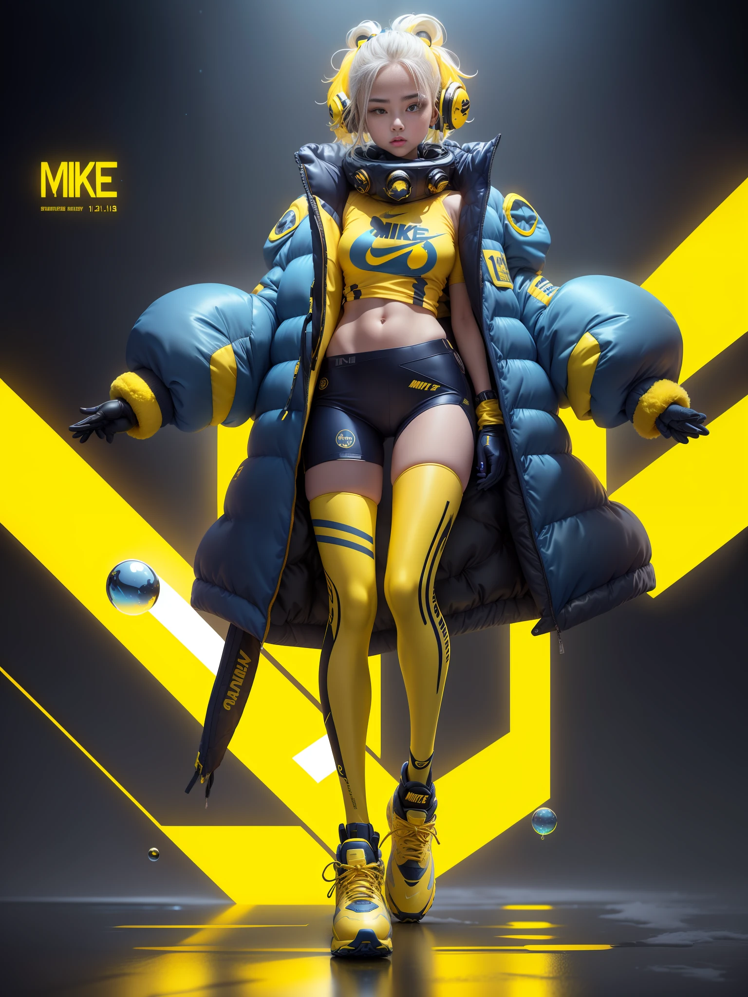 A stylish one-man design space background of winter down jacket full of bubbles and fluffy feeling Cyberpunk ((yellow sea blue: 1.3) + (fashion: 1.1) + (trendy: 1.2)), (nike logo), (corona rendering), ((space winter down jacket concept + concept art design): 1.3), (8K: 1.3), (2:3 aspect ratio + warm color Q2), (750 pixels), ((fashion elements) :( 1.1+ Yellow navy blue T-shirt blends with fashion elements)), (Dynamics: 5)