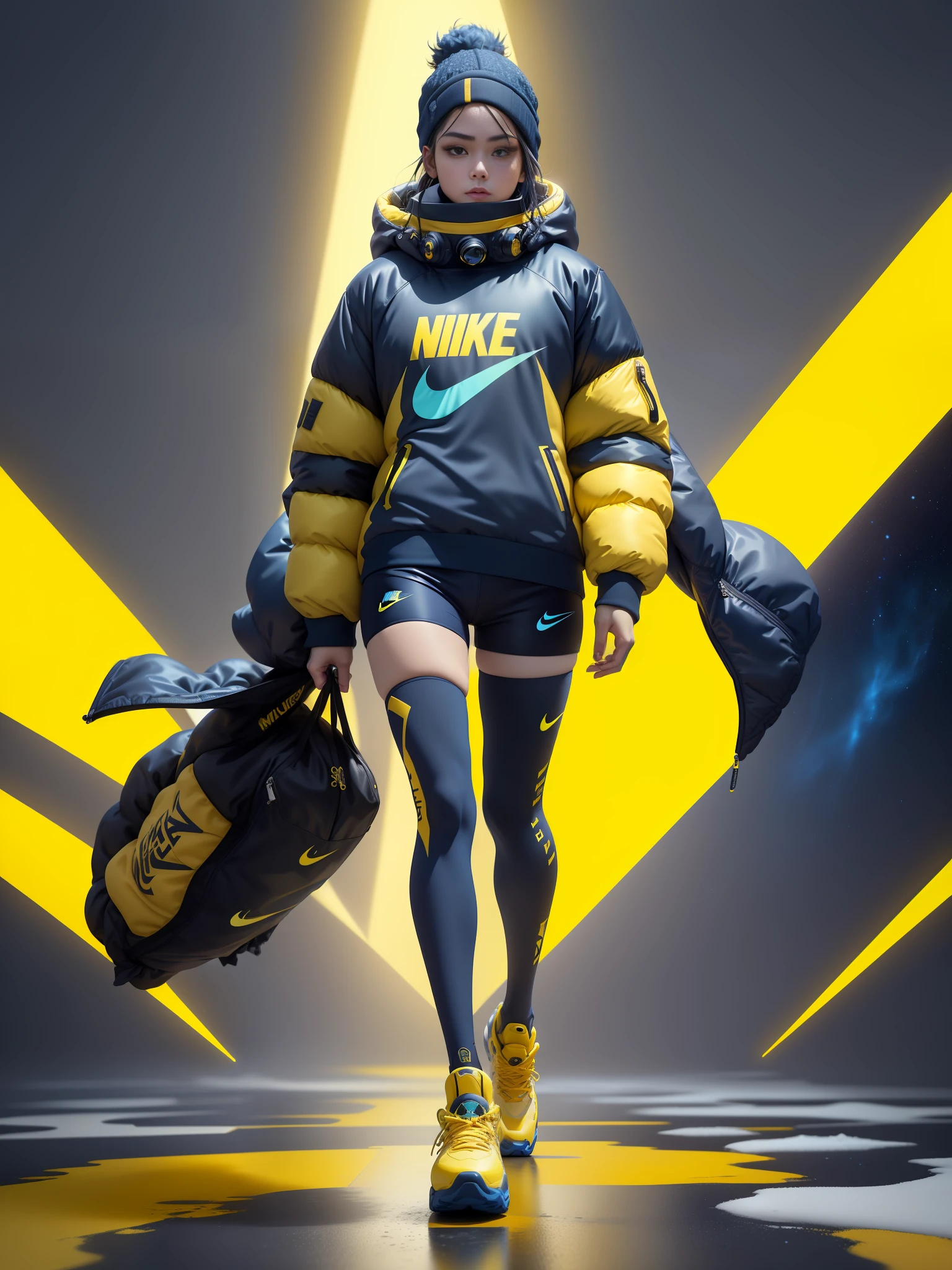 A stylish one-man design space background of winter down jacket full of bubbles and fluffy feeling Cyberpunk ((yellow sea blue: 1.3) + (fashion: 1.1) + (trendy: 1.2)), (nike logo), (corona rendering), ((space winter down jacket concept + concept art design): 1.3), (8K: 1.3), (2:3 aspect ratio + warm color Q2), (750 pixels), ((fashion elements) :( 1.1+ Yellow navy blue T-shirt blends with fashion elements)), (Dynamics: 5)