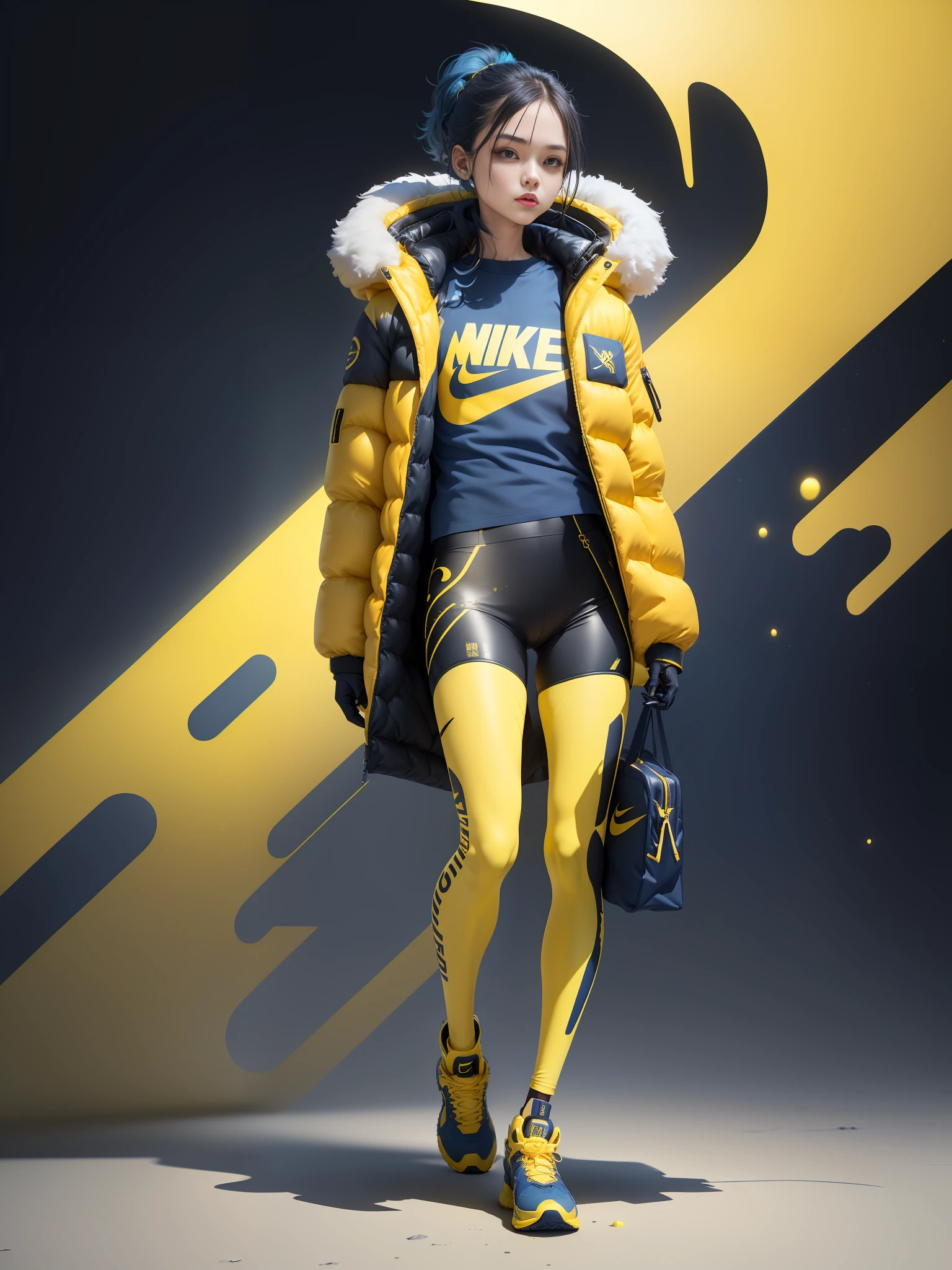 A stylish one-man design space background of winter down jacket full of bubbles and fluffy feeling Cyberpunk ((yellow sea blue: 1.3) + (fashion: 1.1) + (trendy: 1.2)), (nike logo), (corona rendering), ((space winter down jacket concept + concept art design): 1.3), (8K: 1.3), (2:3 aspect ratio + warm color Q2), (750 pixels), ((fashion elements) :( 1.1+ Yellow navy blue T-shirt blends with fashion elements)), (Dynamics: 5)