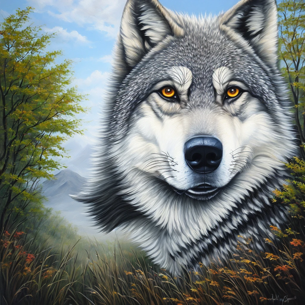 a wolf face in landscape painting