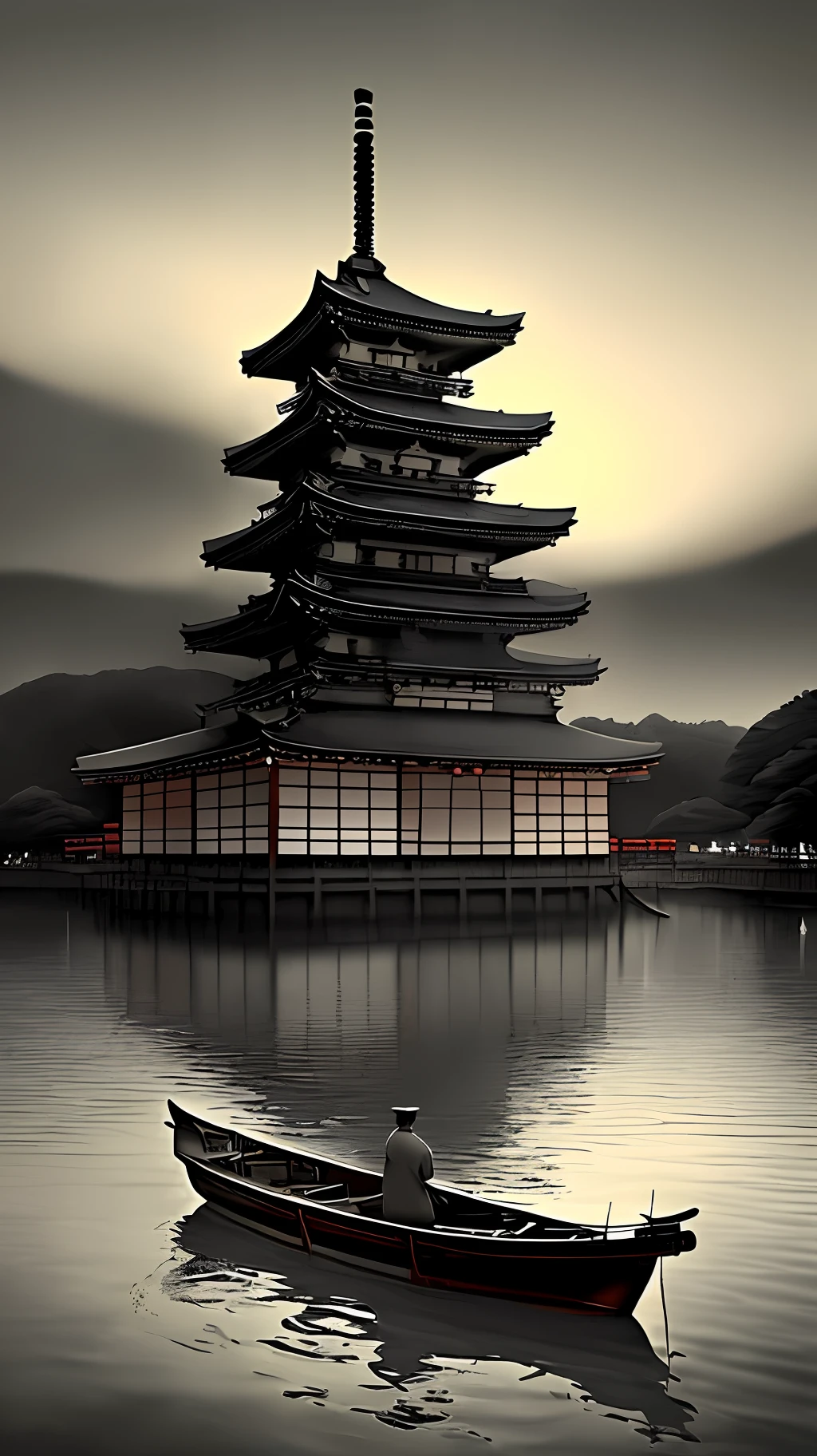 ((Japanese culture)|(Japan):1.2), (medieval)|(ancient)|(old-fashioned:1.1) style, (grainy)|(gritty:1.2), ((1person)|(one person)|(human):1.3) on a (boat)|(ship),(night time)|(night),(water:0.9), (high detail)|(ultra-detailed:1.2), (best quality:1.1)|((masterpiece)|(best illustration:1.1)), and (beautiful)|(gorgeous)|(stunning)|(brilliant:1.2) image.