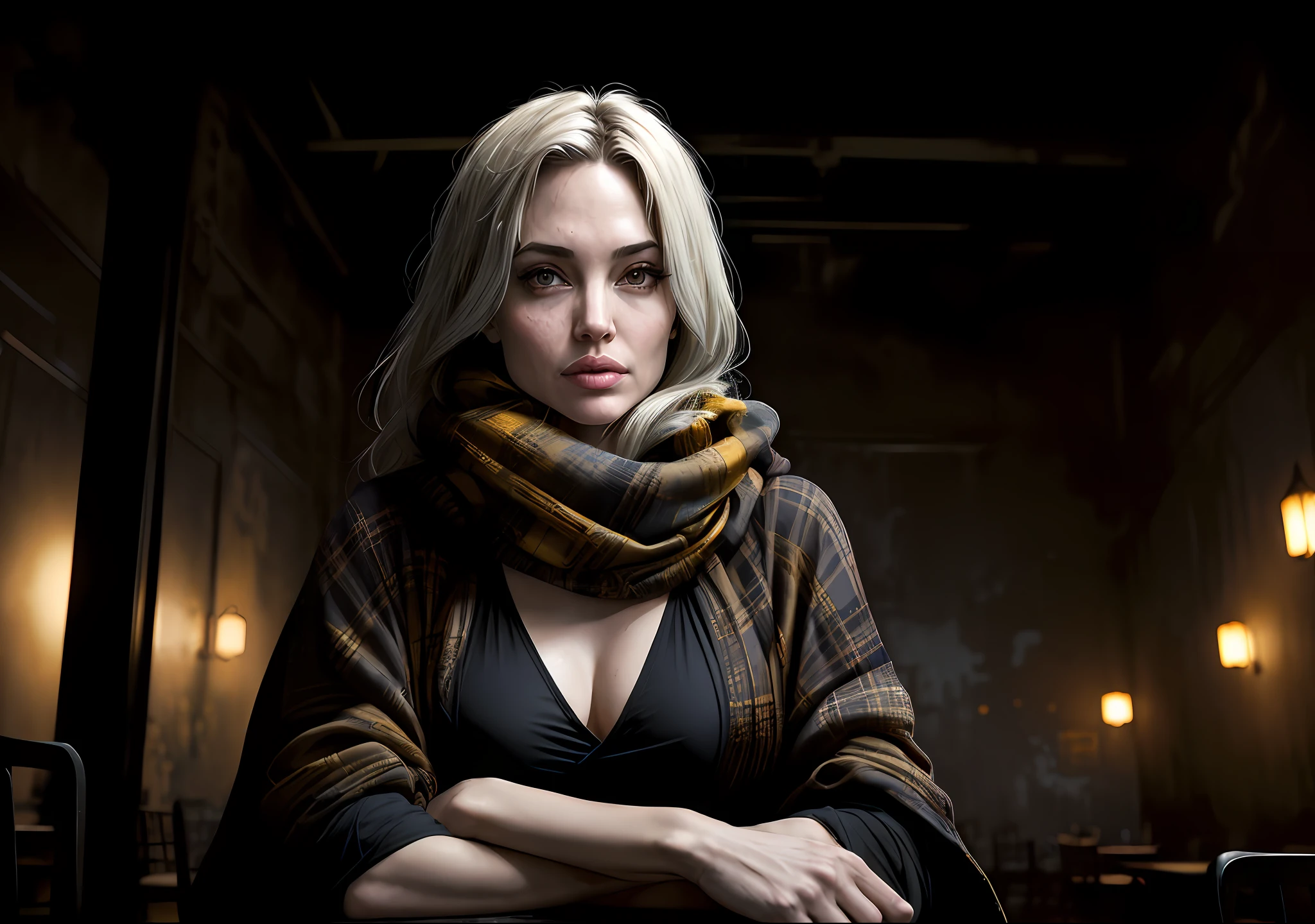 Angelina Jolie Dark photo: With her body covered, sitting feeling cold at an old table, realistic epic, portrait of Halo, blue eyes, plaid scarf, white hair by Atey Ghailan, by Greg Rutkowski, by Greg Tocchini, by James Gilleard, by Joe Fenton, by Kaethe Butcher, yellow gradient, black, brown and magenta color scheme, grunge aesthetic!!! Graffiti brand wall background, art by Greg Rutkowski and Artgerm, soft cinematic light, Adobe Lightroom, Photo Lab, HDR, intricate, highly detailed, (depth of field: 1.4), faded, (neutral colors: 1.2), (HDR: 1.4), (soft colors:1.2), hyperdetailed, (Artstation:1.4), cinematic, warm lights, dramatic light, (intricate details:1.1), complex background, (Rutkowski:0.66), (blue and orange:0.4)