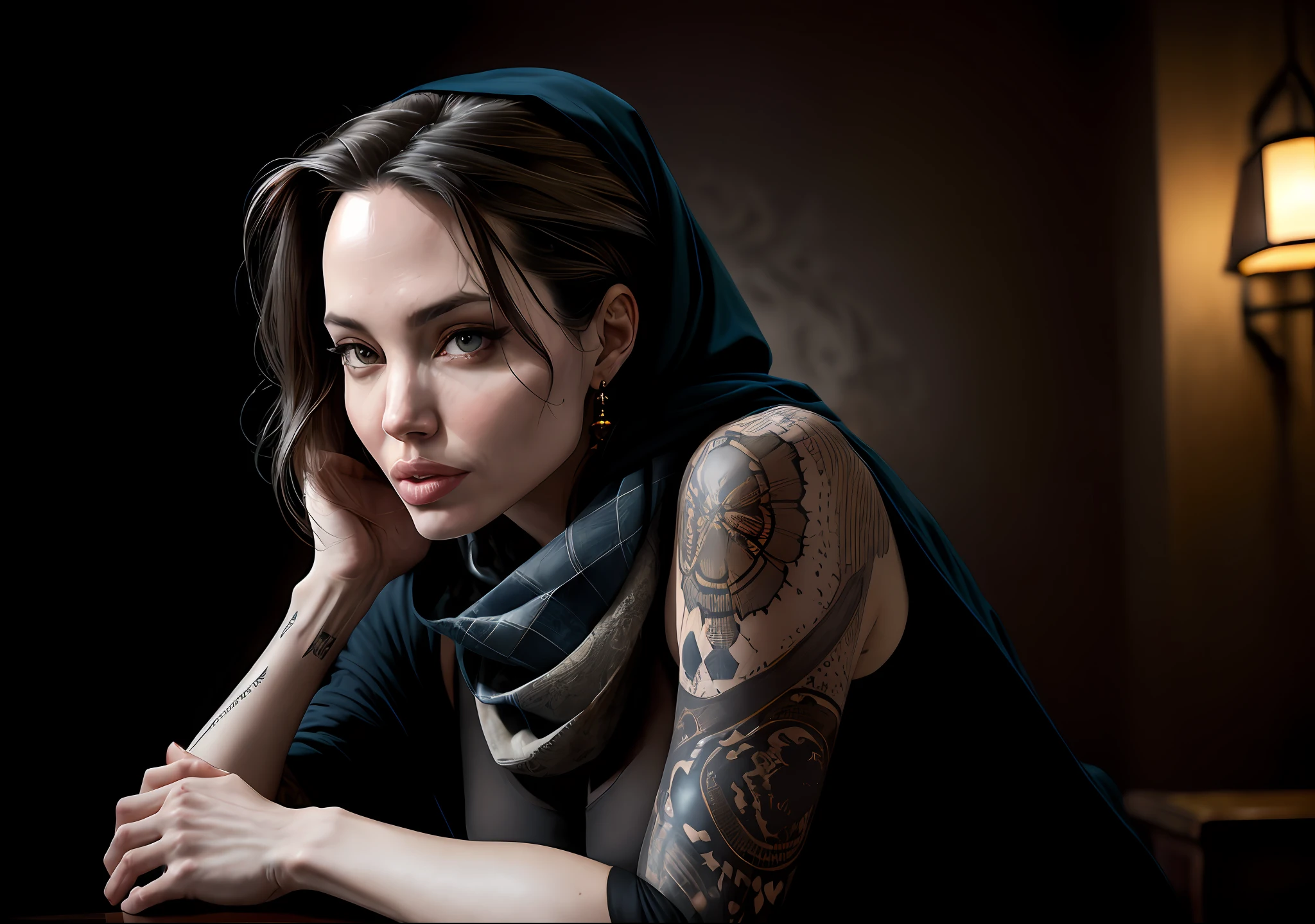 Angelina Jolie Dark photo: With her body covered, sitting feeling cold at an old table, realistic epic, portrait of Halo, blue eyes, plaid scarf, white hair by Atey Ghailan, by Greg Rutkowski, by Greg Tocchini, by James Gilleard, by Joe Fenton, by Kaethe Butcher, yellow gradient, black, brown and magenta color scheme, grunge aesthetic!!! Graffiti brand wall background, art by Greg Rutkowski and Artgerm, soft cinematic light, Adobe Lightroom, Photo Lab, HDR, intricate, highly detailed, (depth of field: 1.4), faded, (neutral colors: 1.2), (HDR: 1.4), (soft colors:1.2), hyperdetailed, (Artstation:1.4), cinematic, warm lights, dramatic light, (intricate details:1.1), complex background, (Rutkowski:0.66), (blue and orange:0.4)