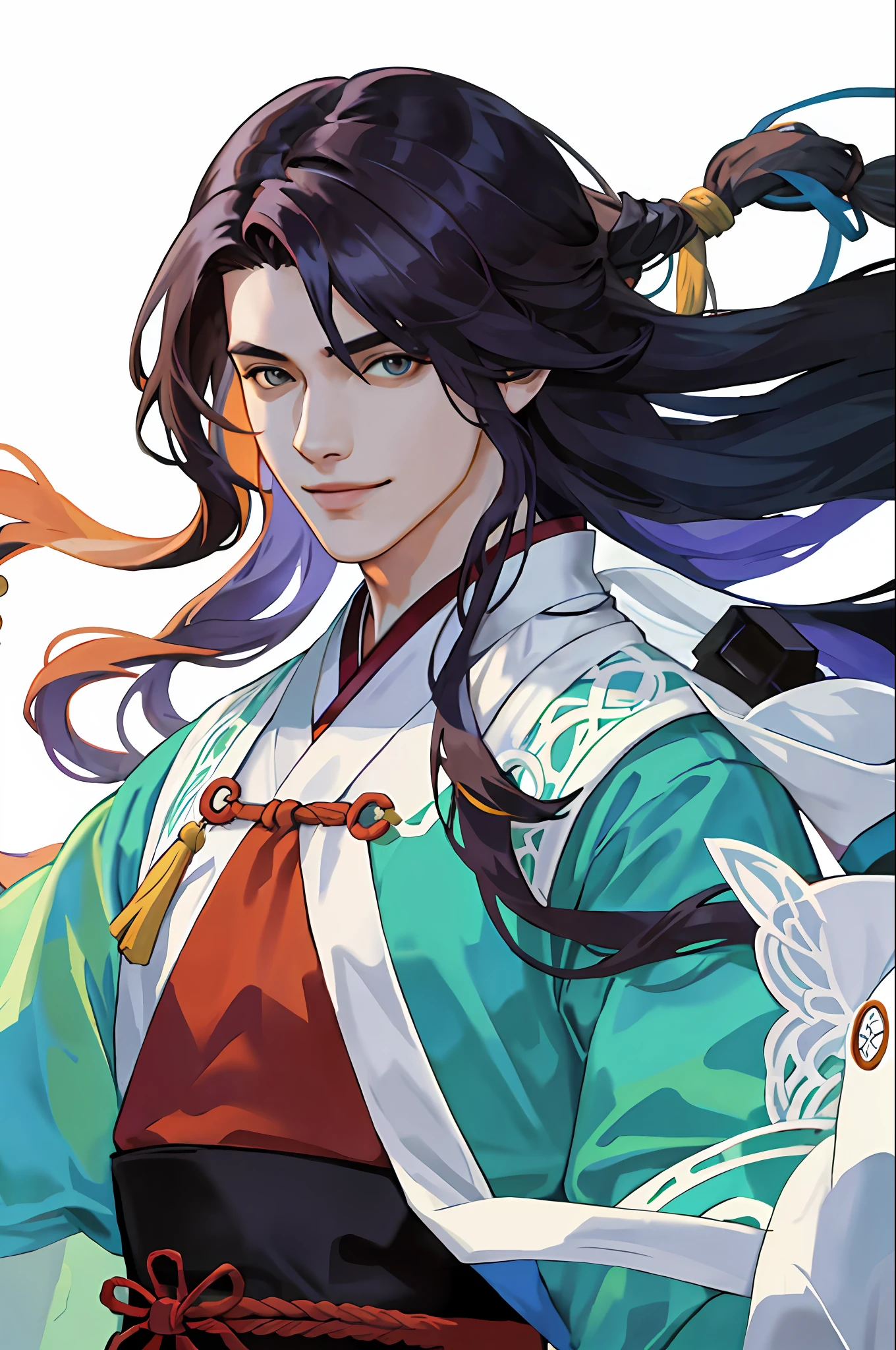 Masterpiece, Excellent, (Realistic), 1 Male, Adult, Handsome, (Long Hair: 1.4), Bright Hair, Hanfu, Portrait, Upper Body, Angular Chin, Thick Eyebrows, Gentle Smile, Pure White Background, 8K