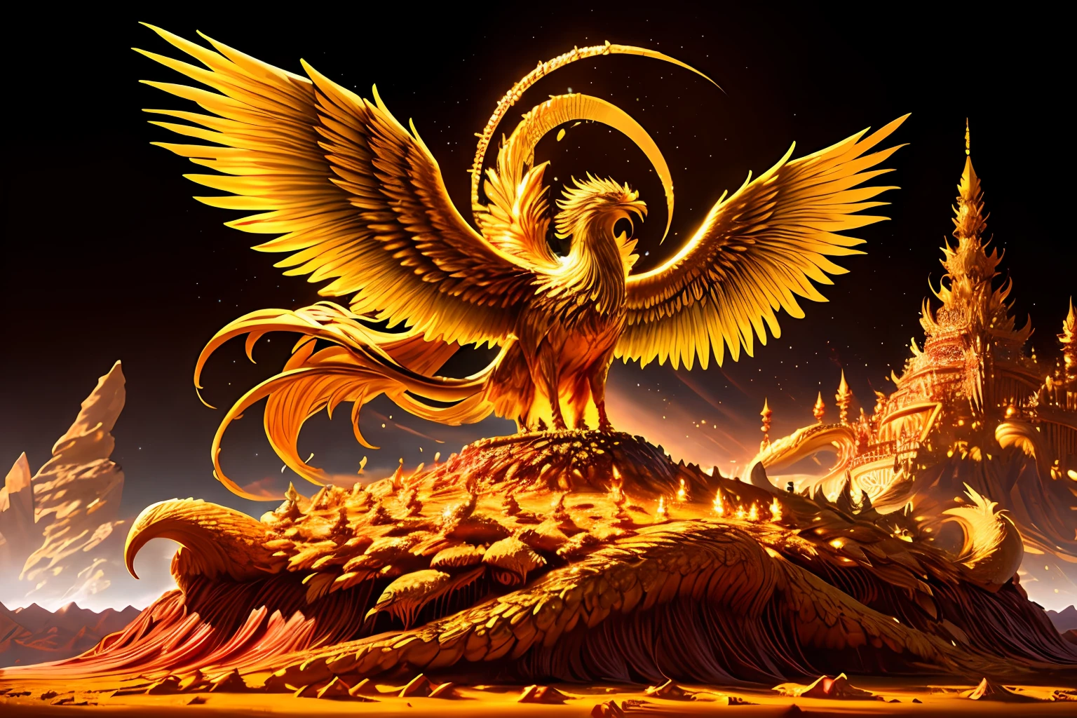 a golden phoenix stands on a giant anthill made of diamonds, realistic style, HD, 4K