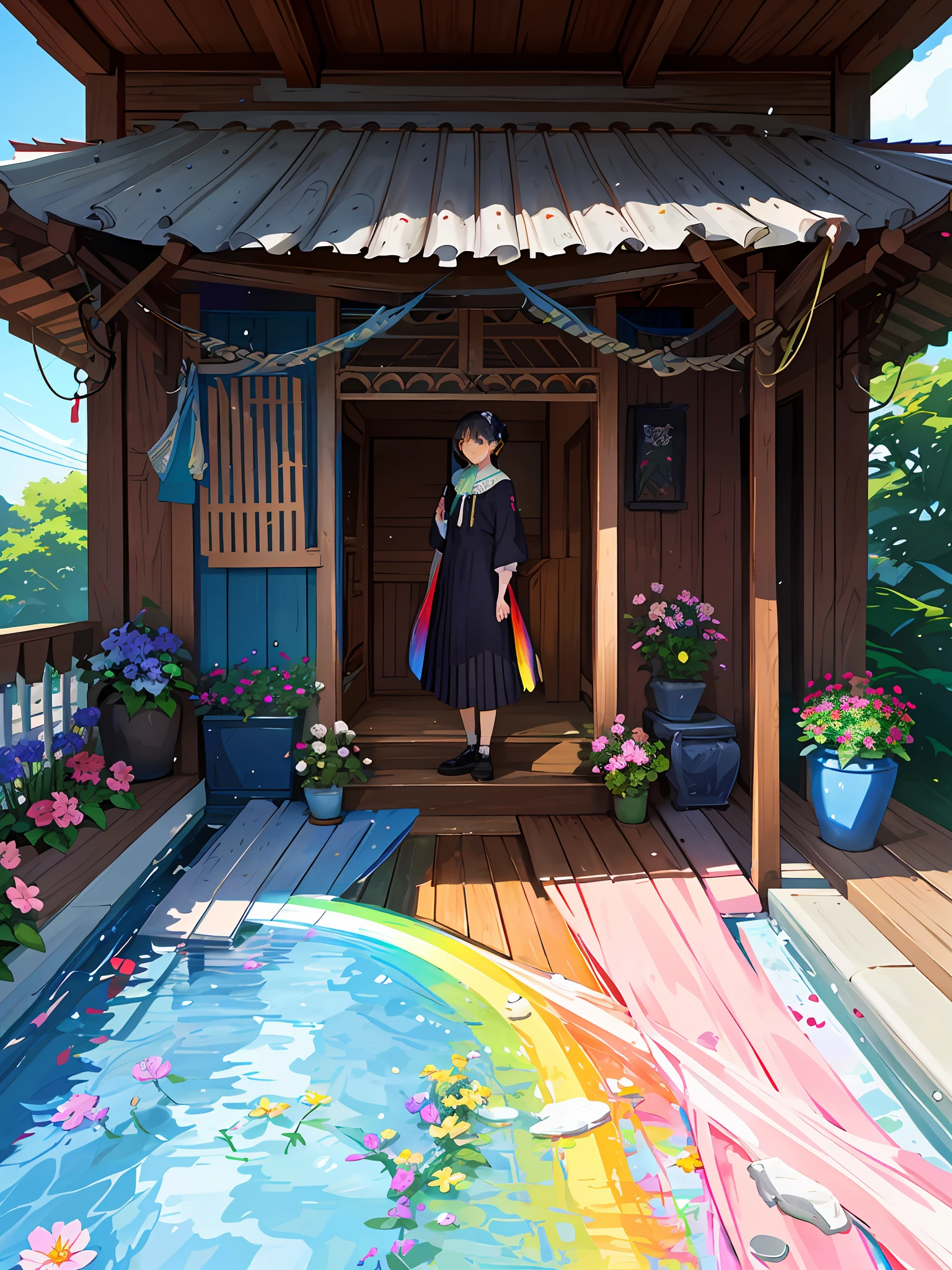 A porch of the house, with colorful flowers, drips of water referring to a rainbow