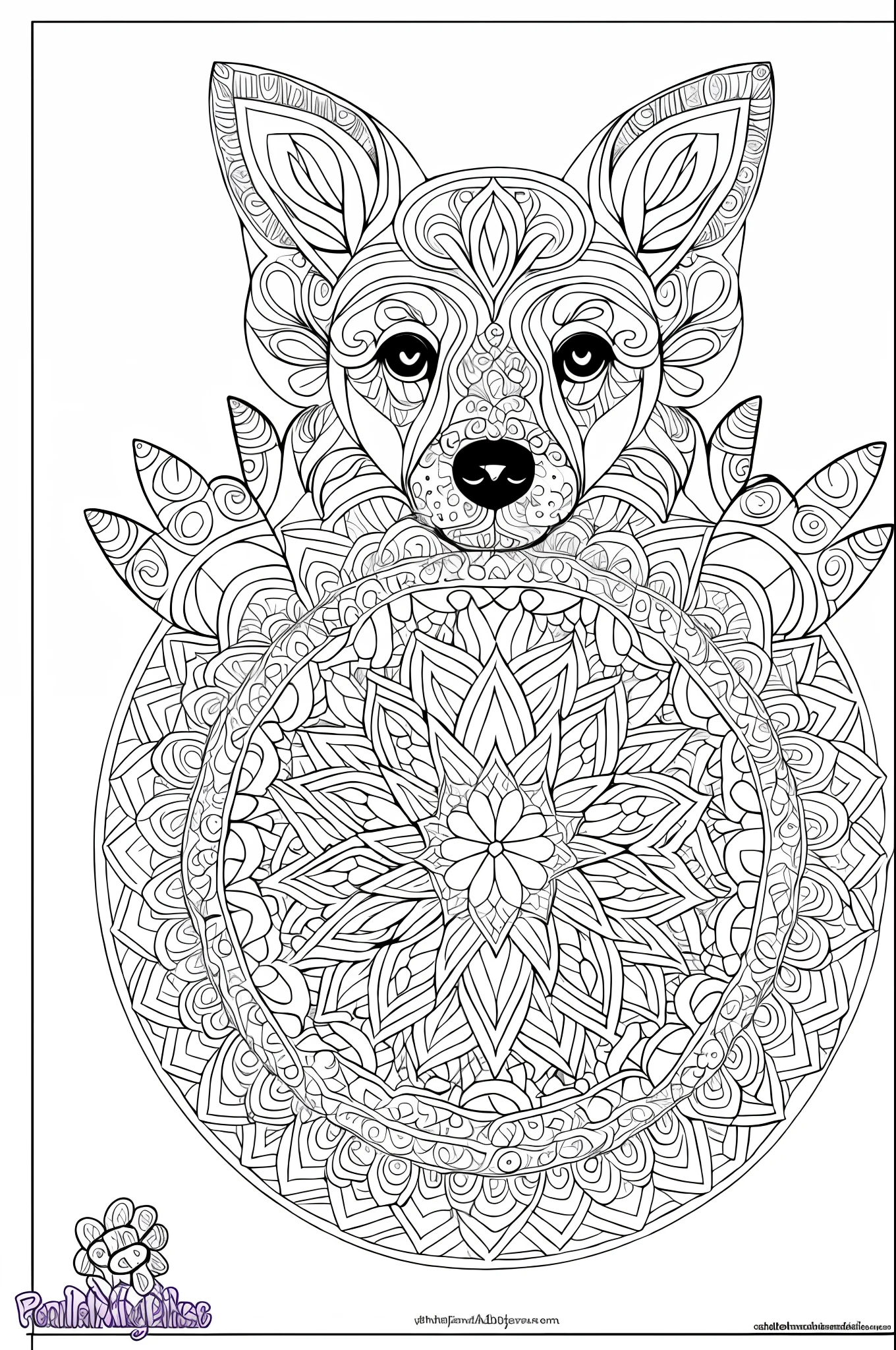 coloring page for adults, bold lines, mandala puppy body, mandala dogs, symmetrical, white background, clean line art, fine line art