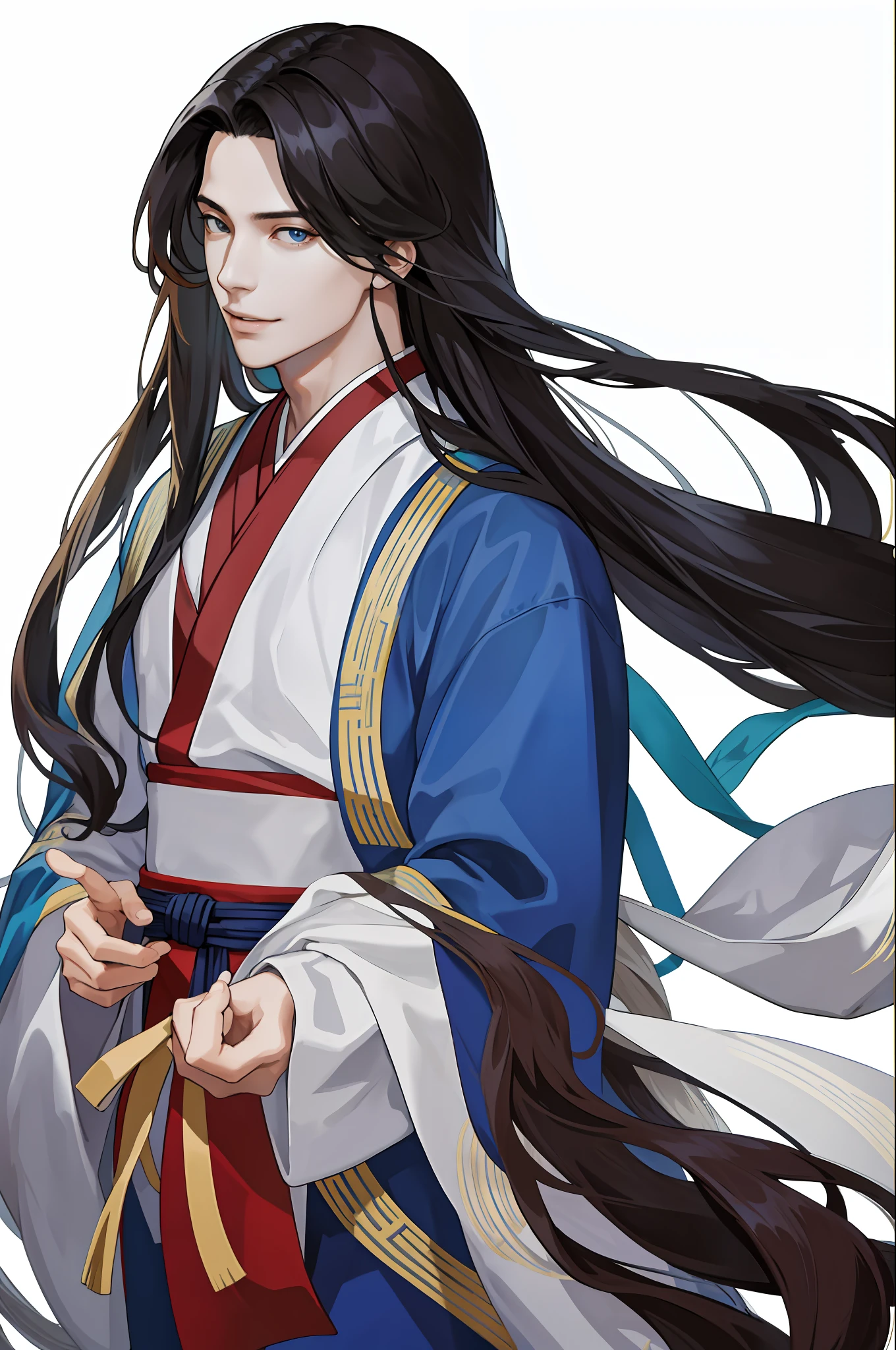 Masterpiece, Excellent, (realistic), 1 male, adult, handsome, (long hair: 1.4), silky long hair, Hanfu, fine eye and face portrayal, portrait, upper body, angular face, thick eyebrows, gentle smile, pure white background, 8k