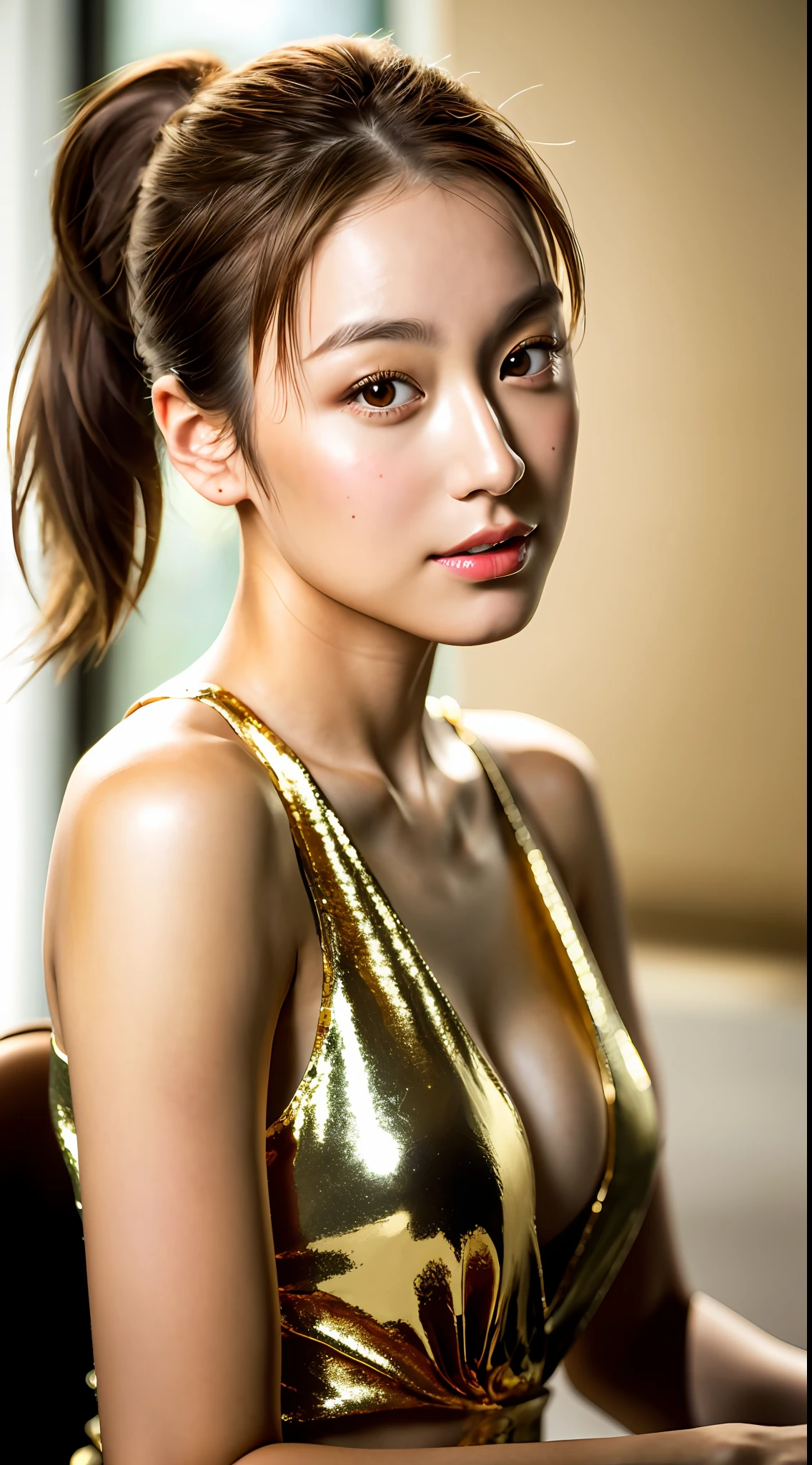 best quality, masterpiece, 1girl, Beautiful face, (gold-brown hair), (photo realistic:1.3), soft lighting, (high detailed skin:1.2), 8k uhd, dslr, high quality, high resolution, 4k, 8k, absurdres, best ratio four finger and one thumb, (realistic:1.3), pretty japanesse woman, medium breasts, ponytail contorted, little lips,