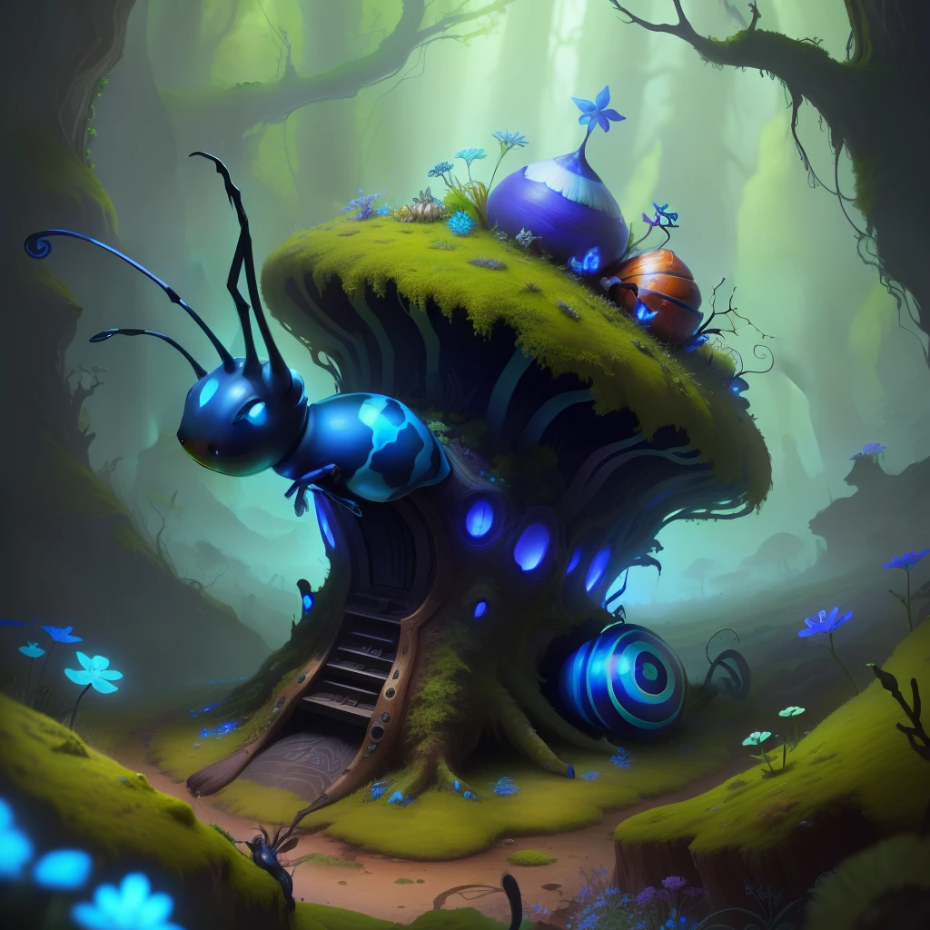 a psychedelic ant hill housing a snail with very long blue horns more moss, fantasy, hd, HDR 4k