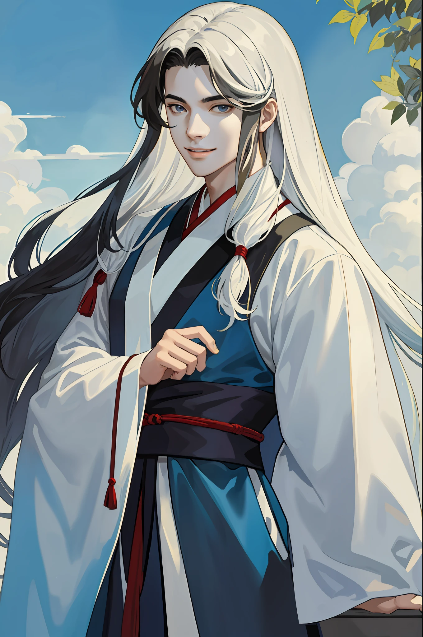 Masterpiece, Excellent, (realistic), 1 male, adult, handsome, (long hair: 1.4), silky long hair, Hanfu, fine eye and face portrayal, portrait, upper body, angular face, thick eyebrows, gentle smile, pure white background, 8k