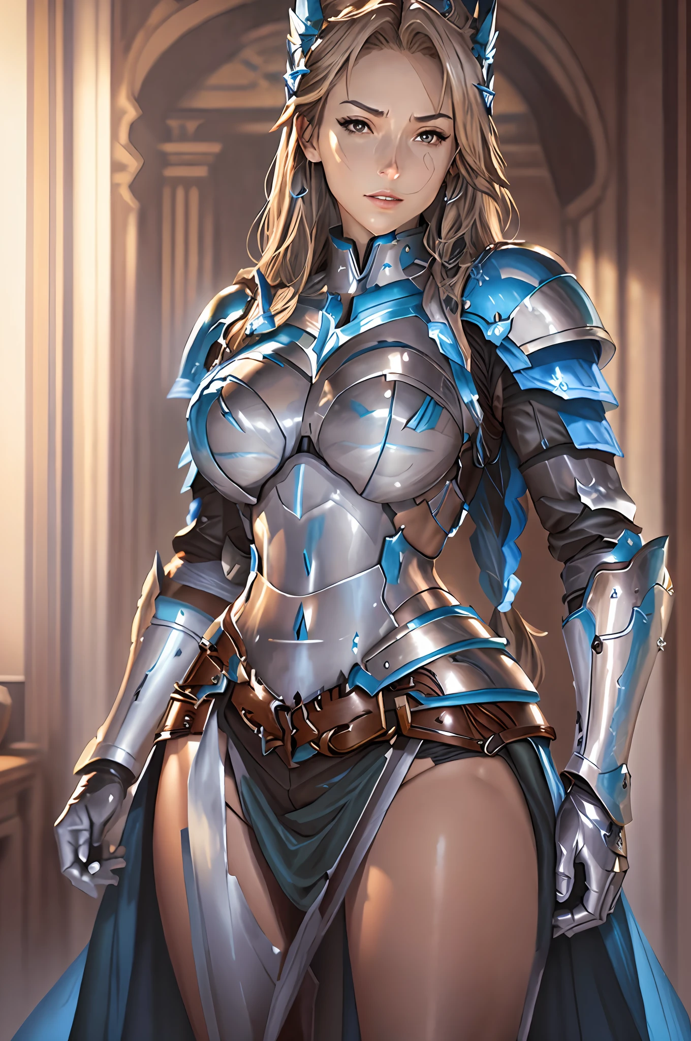 masterpiece, best quality, highres, katalina (granblue fantasy), armor, gauntlets, belt, breastplate, shoulder armor, cape, pauldrons, pants, boots, forest,