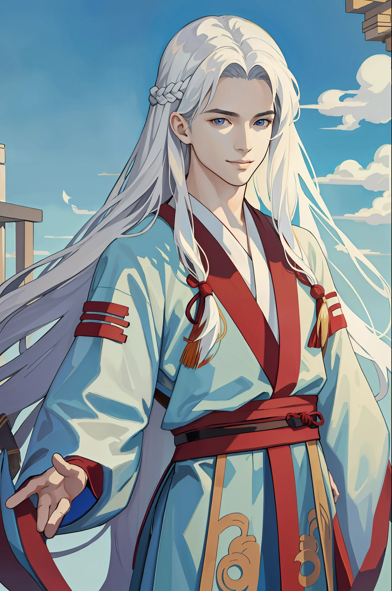 Masterpiece, Excellent, (realistic), 1 male, adult, handsome, (long hair: 1.4), silky long hair, Hanfu, fine eye and face portrayal, portrait, upper body, angular face, thick eyebrows, gentle smile, pure white background, 8k