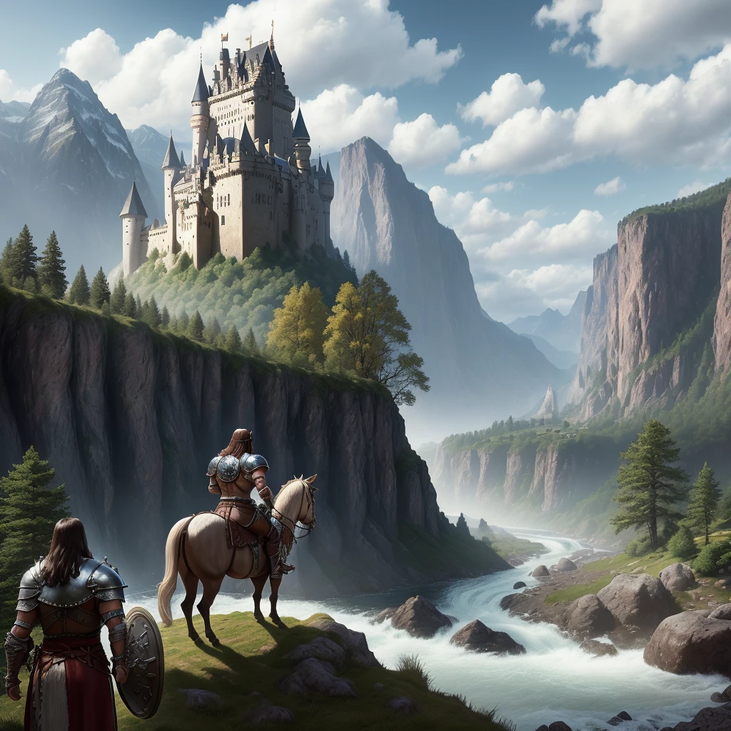photorealistic, 8k, front, Conan the barbarian with plate and sword armor, in the background a detailed landscape with valley, river, trees the castle tower rising above the trees and mountain to the horizon, the sun shines among the clouds in the sky