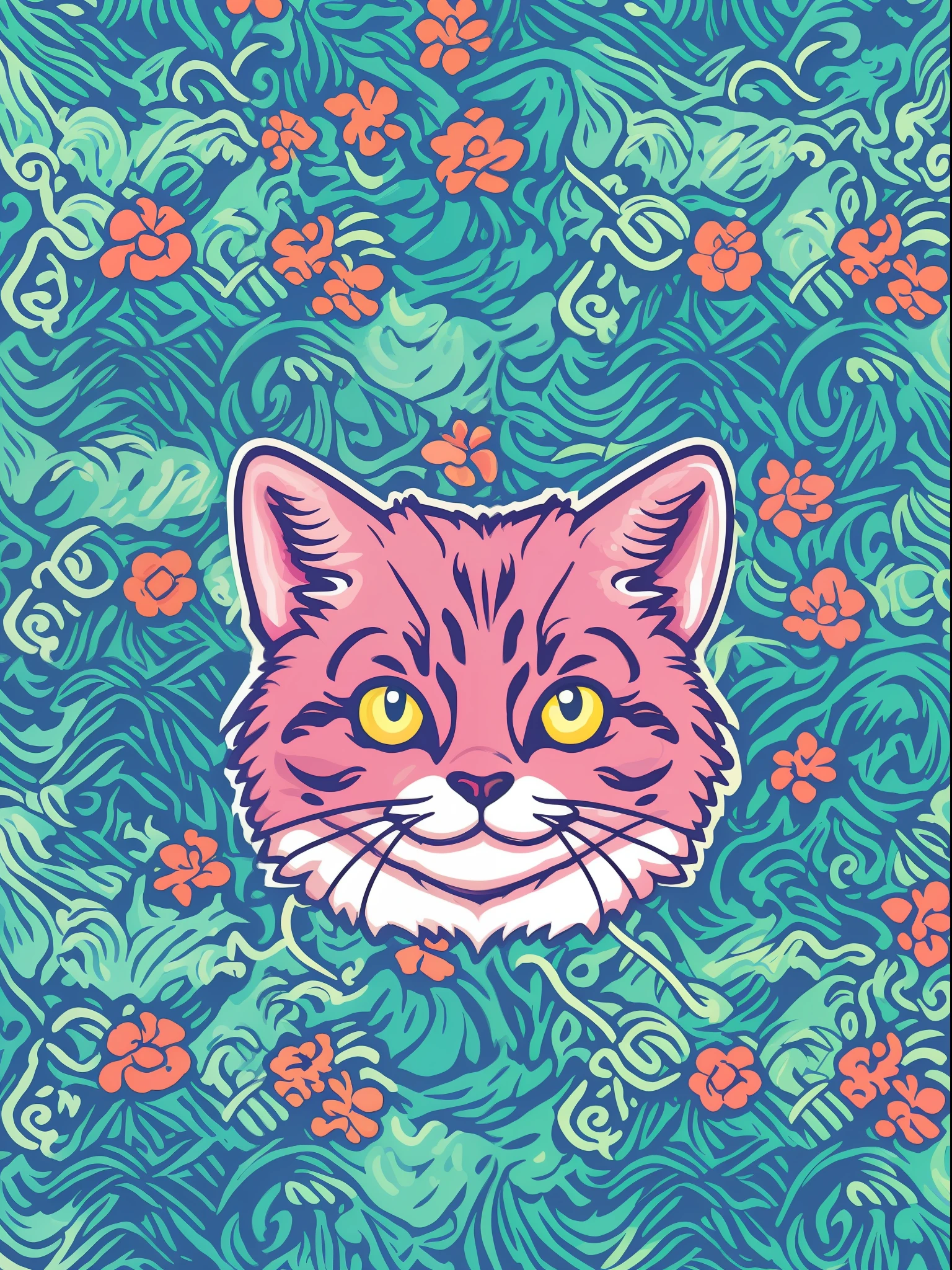 STICKER, A detailed illustration a print of vivid cute kitten head, fantasy flowers splash, vintage t-shirt design, in the style of Studio Ghibli, dynamic flora pastel tetradic colors, 3D vector art, cute and quirky, fantasy art, watercolor effect, bokeh, Adobe Illustrator, hand-drawn, digital painting, low-poly, soft lighting, bird's-eye view, isometric style, retro aesthetic, focused on the character, 4K resolution, photorealistic rendering, using Cinema 4D,