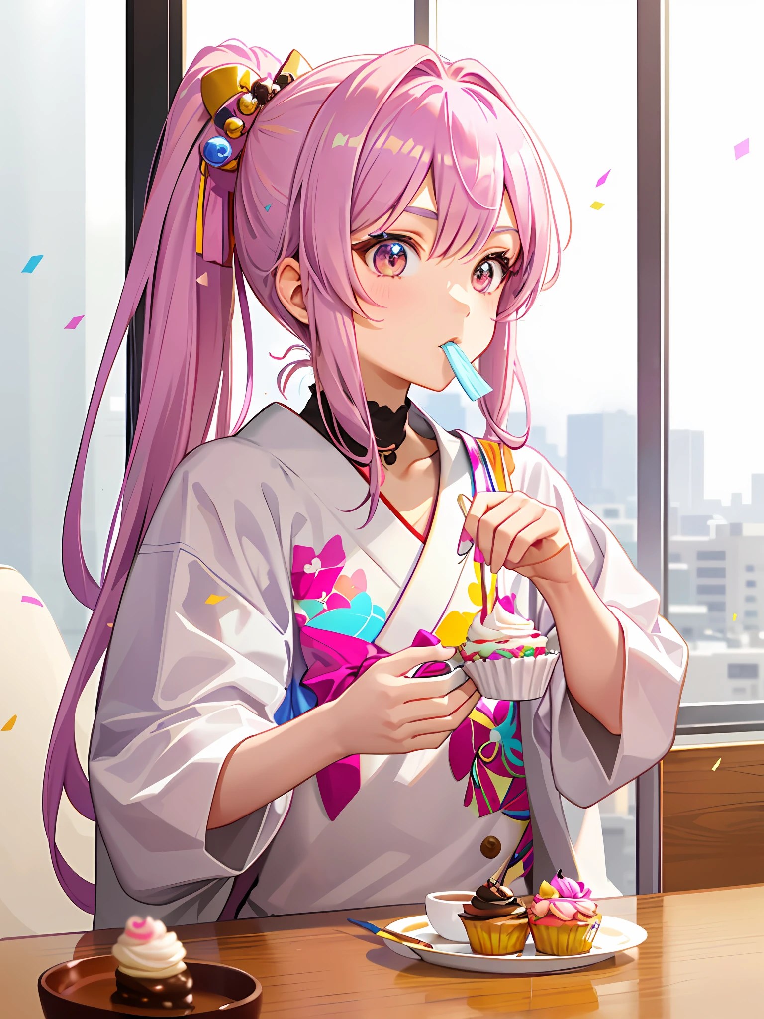 An 18-year-old Japanese girl, with hair tied up decorated with colorful bows, glitter makeup, eating a cupcake decorated with confetti in a coffee shop in the city of Tokyo