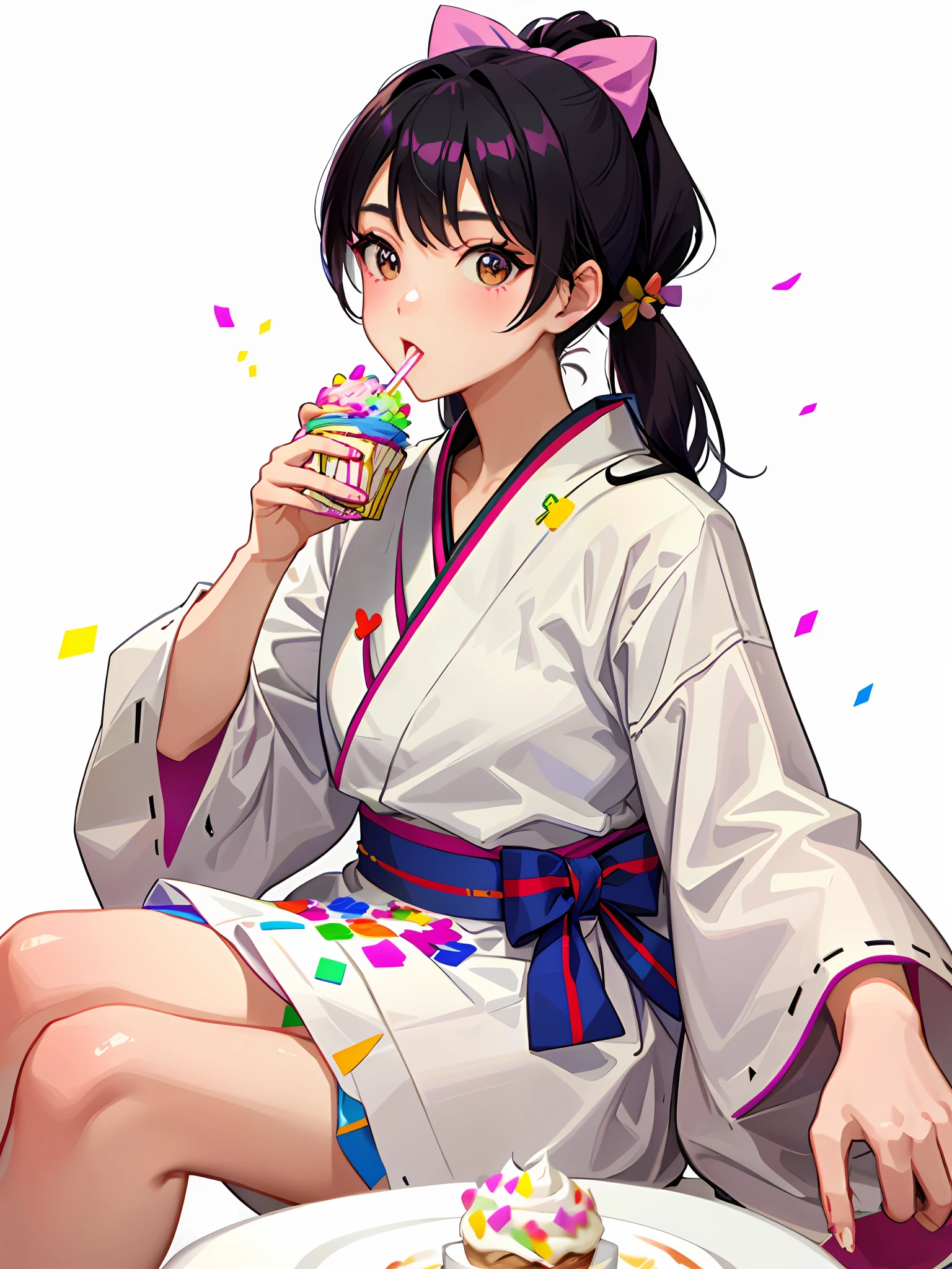 An 18-year-old Japanese girl, with hair tied up decorated with colorful bows, glitter makeup, eating a cupcake decorated with confetti in a coffee shop in the city of Tokyo