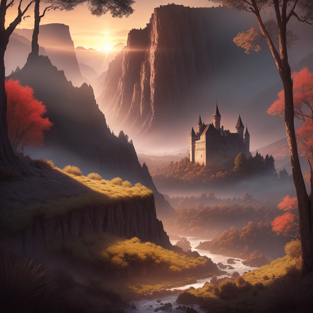 photorealistic, 8k, front, Conan with plate and sword armor, in the background a detailed landscape with dark valley, river, burnt trees castle ruins rising above the trees and shadowy mountains to the horizon, a red sun glows opaque among blacks