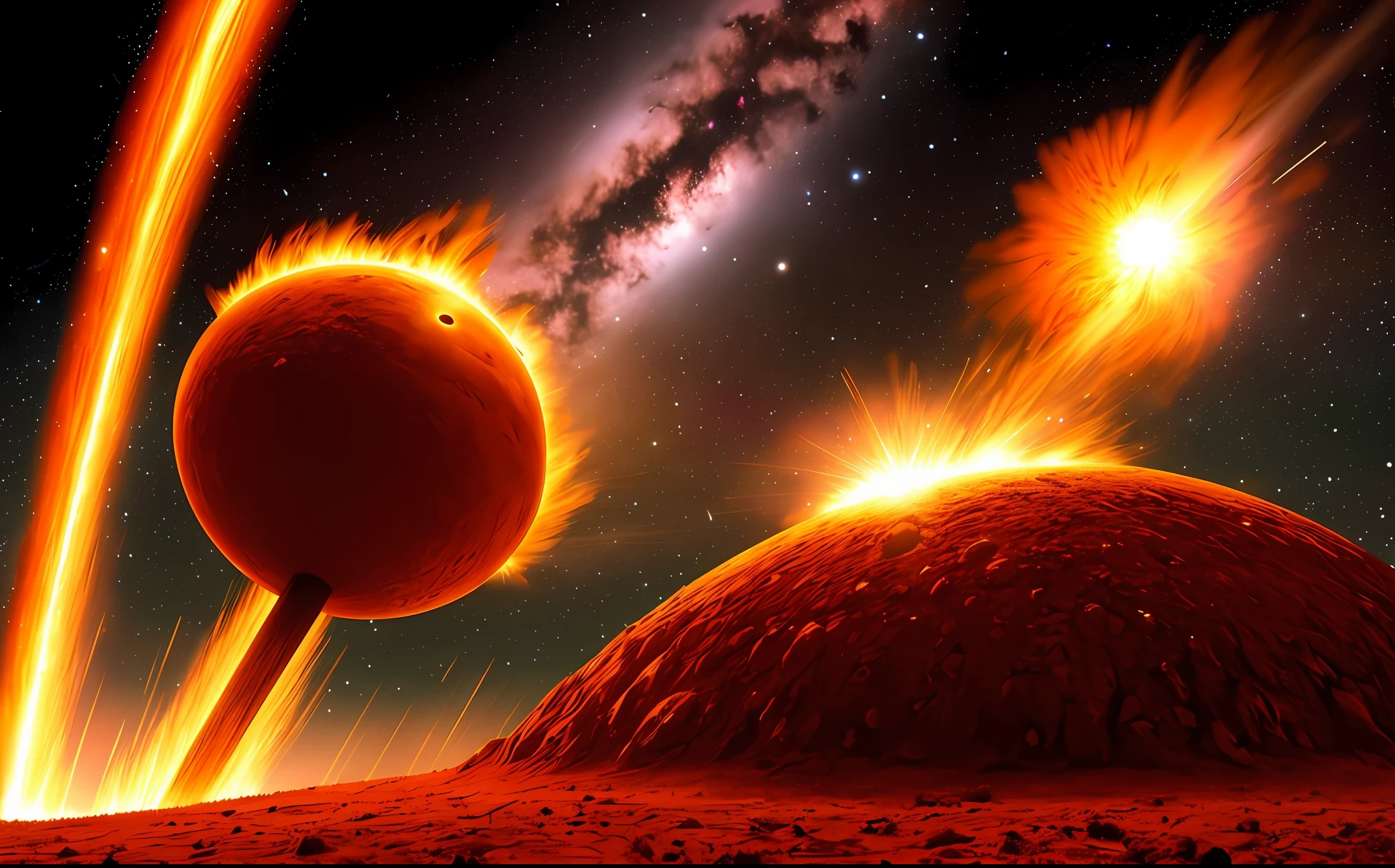 fiery astroid anthill hurtling through space