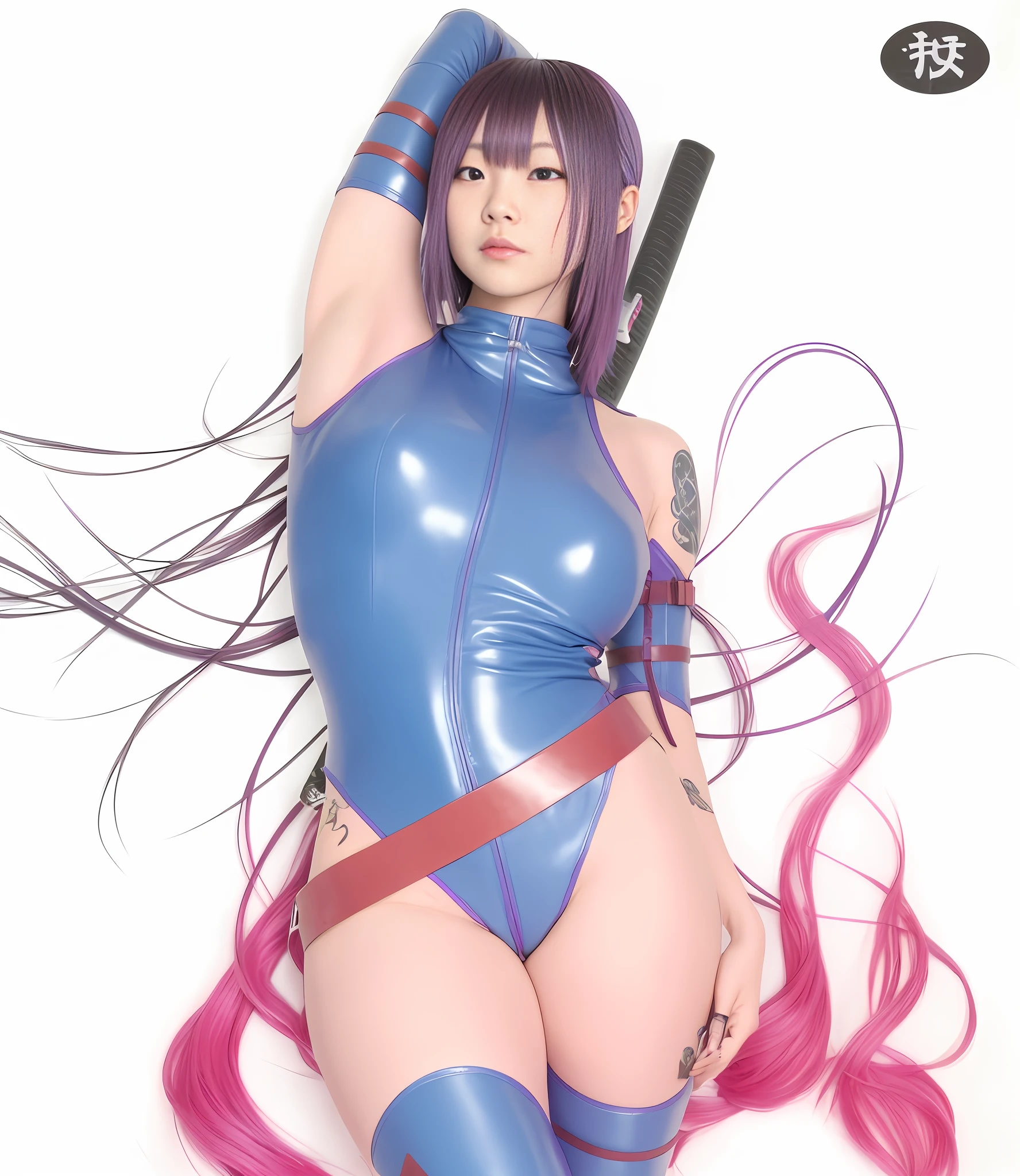 Japanese girl, psyloke, leather suit, purple hair, long hair, thigh tattoo, holding katana, slim body.