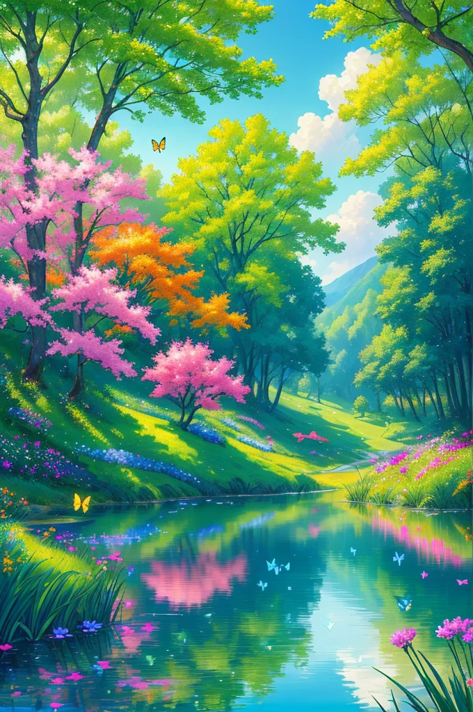Masterpiece, best quality, high quality, extremely detailed 8k CG unit wallpaper, an extremely colorful and purely fantasy environment with vibrant tones and a bright sky, landscape of bright green grass, colorful trees, bright fruits and bright blue flowers. A lake with a deep shade of blue and the air is full of sweet and exotic aromas. The environment seems to have come out of a dream, with luminescent butterflies and giant colorful birds flying around, award-winning photography.