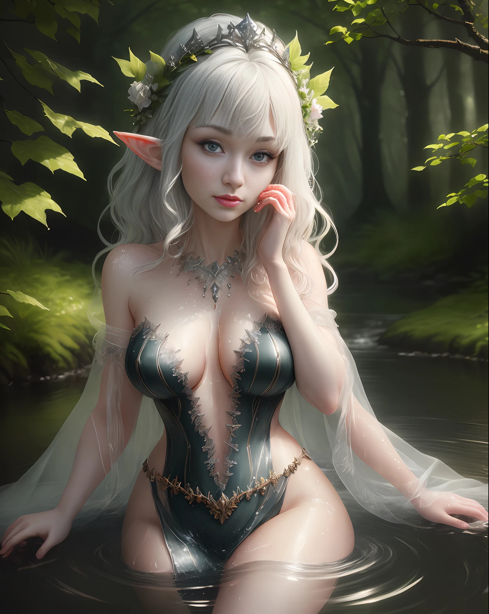 Imogen Poots, large breasts, micro sheet bikini, (8k, RAW photo, top quality, masterpiece: 1.2), (realistic, photorealistic: 1.37), wet body, thick legs, wet hair, wet face, wet clothing, beautiful, woods, night, rain, wet, professional lighting, photon mapping, strapless, strapless photo, radiosity, tulle fabric, neckline, crown of branches, leaves, water, natural pond, stones, physics-based rendering, beautiful, elf, high quality photo, high resolution, 1080p, (light face), (detailed facial description), (detailed hand description), (masterpiece), (elaborate CG), extreme light and shadow, short straight white hair, masterpiece, rich details, (fine facial features), (highest quality photo), (masterpiece), (detailed eye), look in front of your eyes, kissing face