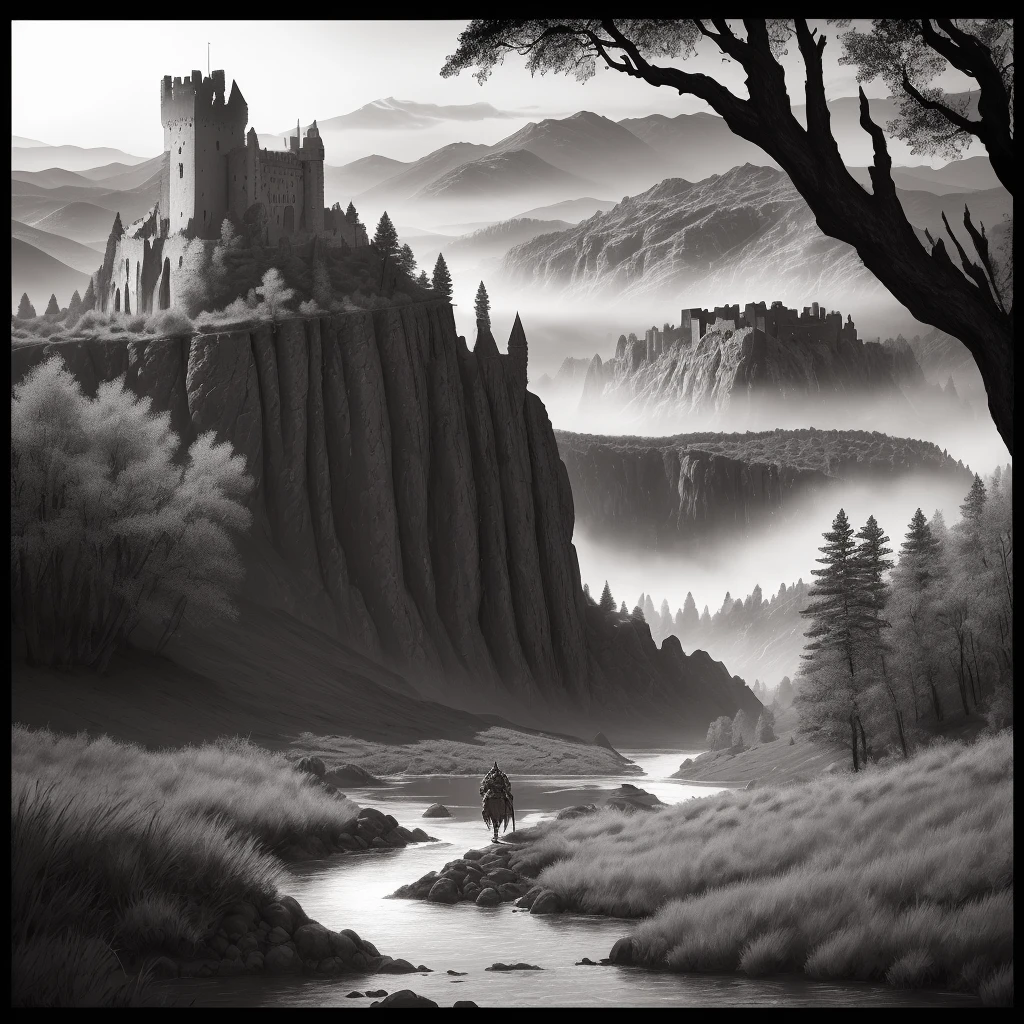 photorealistic, 8k, Conan the barbarian with plate and sword armor, in the background a detailed landscape with dark valley, river, burnt trees castle ruins rising above the trees and shadowy mountains to the horizon, a red sun shines opaque among black