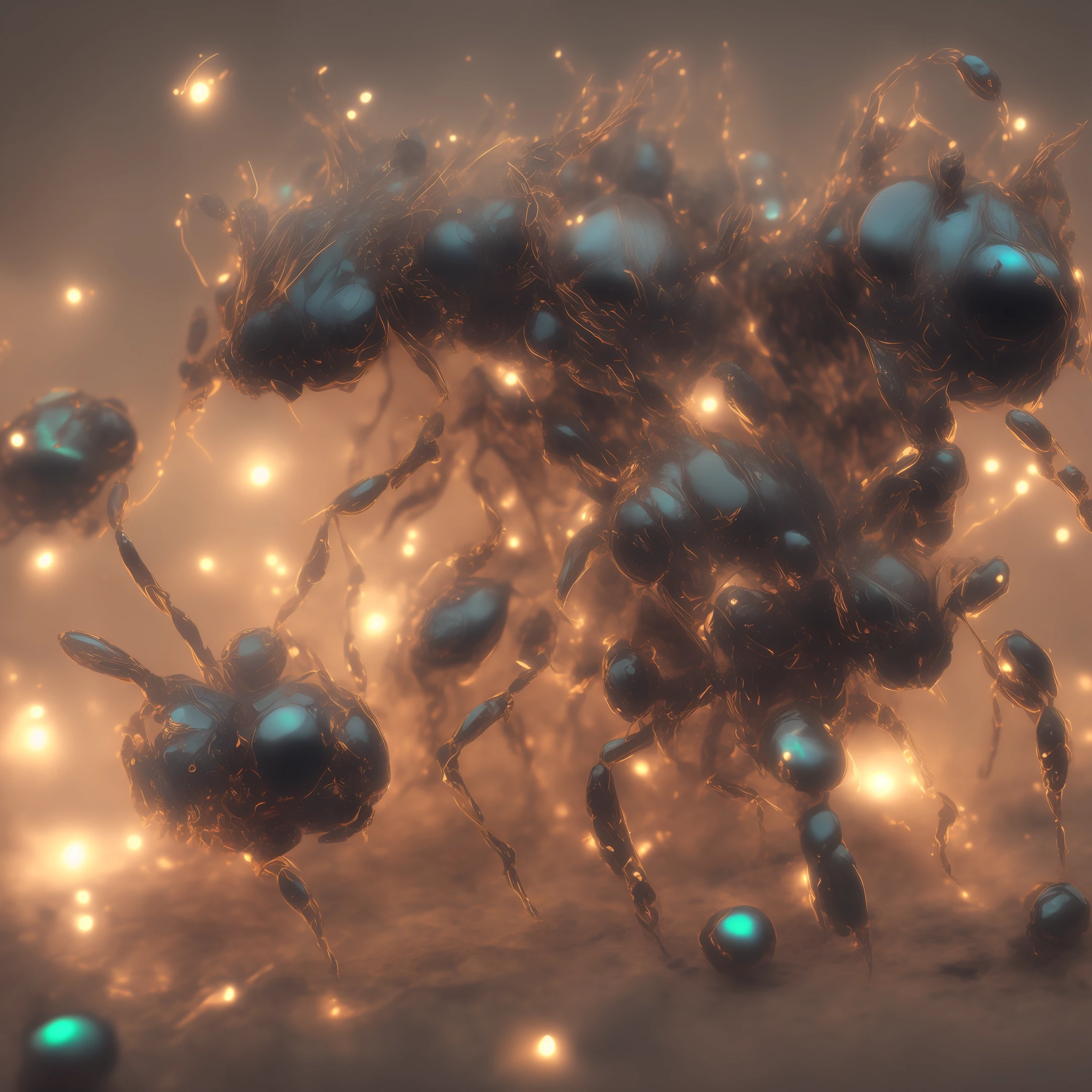ultra Realistic 3d Celtic ants with Eyes of fire, nebulous astral neon lighting background