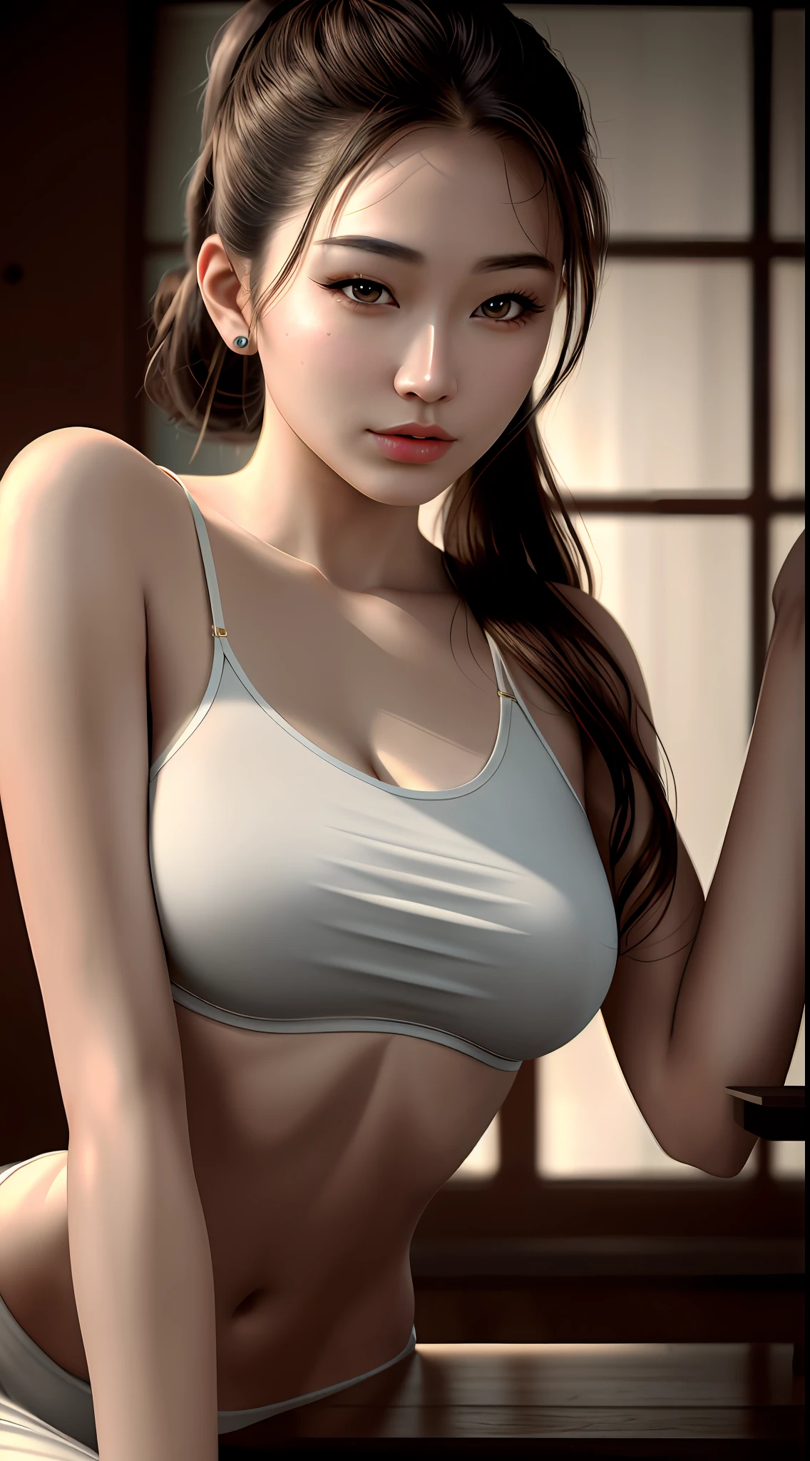 best quality, masterpiece, 1girl, Beautiful face, (photo realistic:1.3), soft lighting, (high detailed skin:1.2), 8k uhd, dslr, high quality, high resolution, 4k, 8k, absurdres, best ratio four finger and one thumb, (realistic:1.3), pretty japanesse woman, medium breasts, ponytail contorted, little lips,