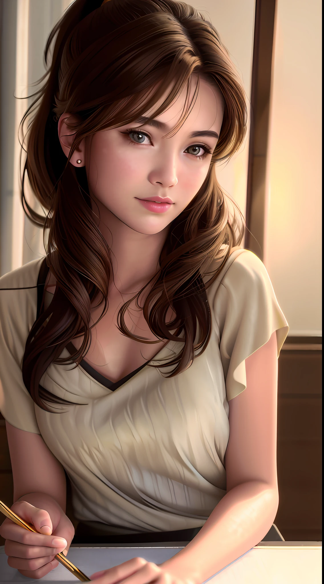best quality, masterpiece, 1girl, Beautiful face, (gold-brown hair), (photo realistic:1.3), soft lighting, (high detailed skin:1.2), 8k uhd, dslr, high quality, high resolution, 4k, 8k, absurdres, best ratio four finger and one thumb, (realistic:1.3), pretty japanesse woman, medium breasts, ponytail contorted, little lips,