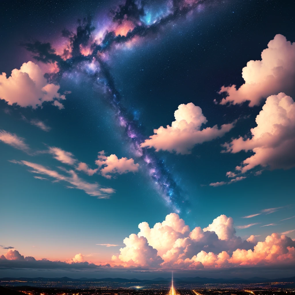 Masterpiece, best quality, night sky, clouds, bright colors, pop